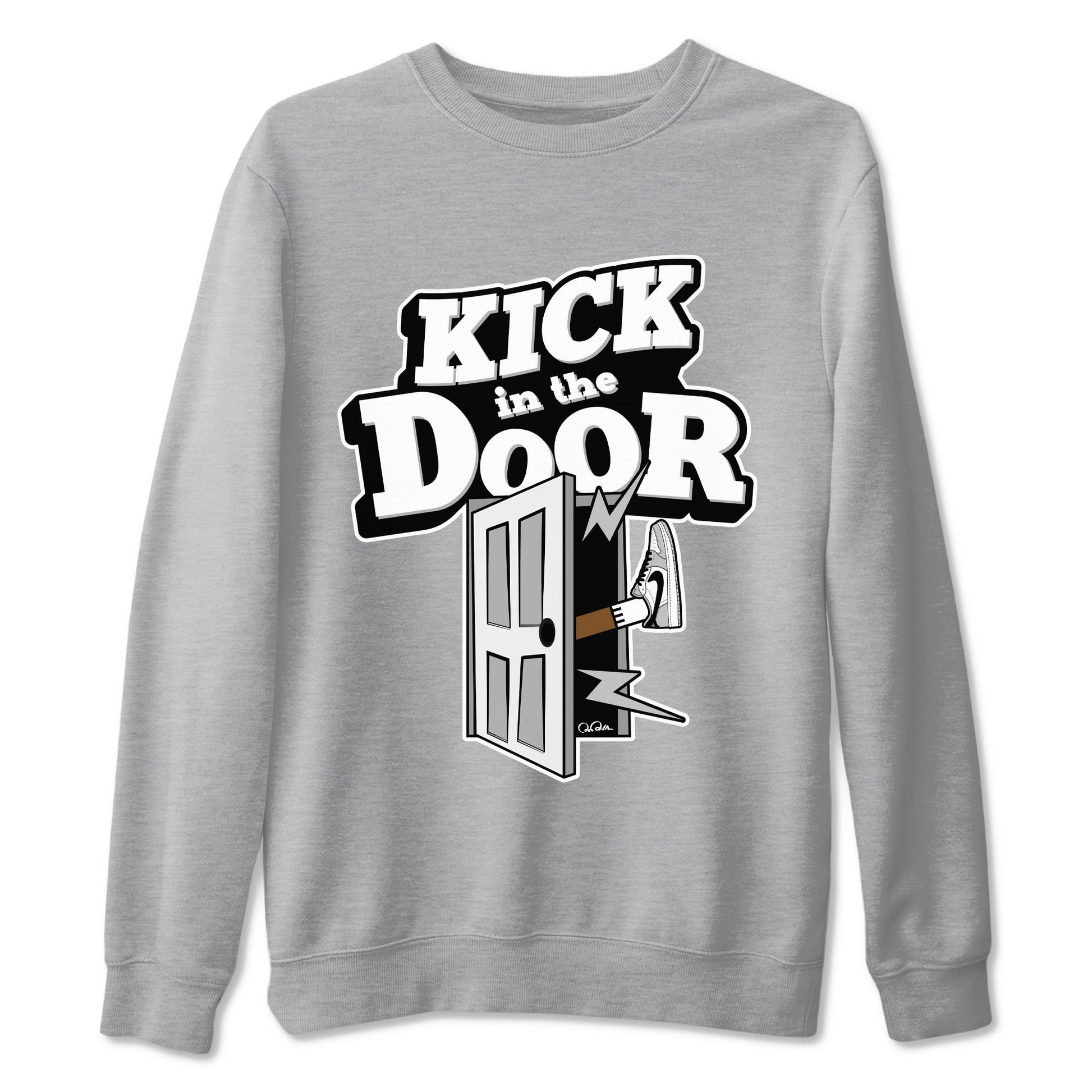 1s Wolf Grey shirts to match jordans Kick In The Door sneaker match tees Air Jordan 1 Wolf Grey SNRT Sneaker Tees streetwear brand Heather Grey 2 unisex cotton tee
