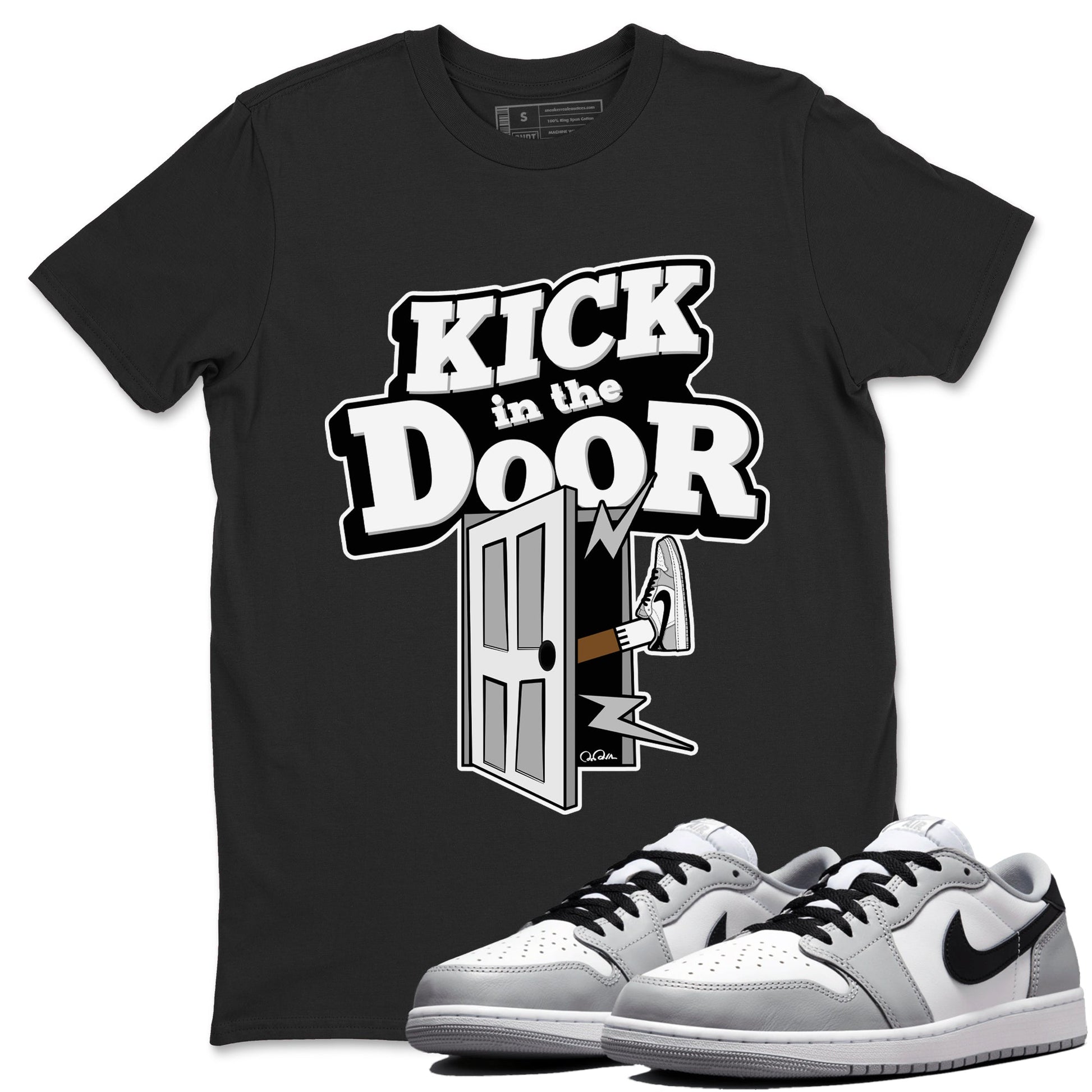 1s Wolf Grey shirts to match jordans Kick In The Door sneaker match tees Air Jordan 1 Wolf Grey SNRT Sneaker Tees streetwear brand Black 1 unisex cotton tee