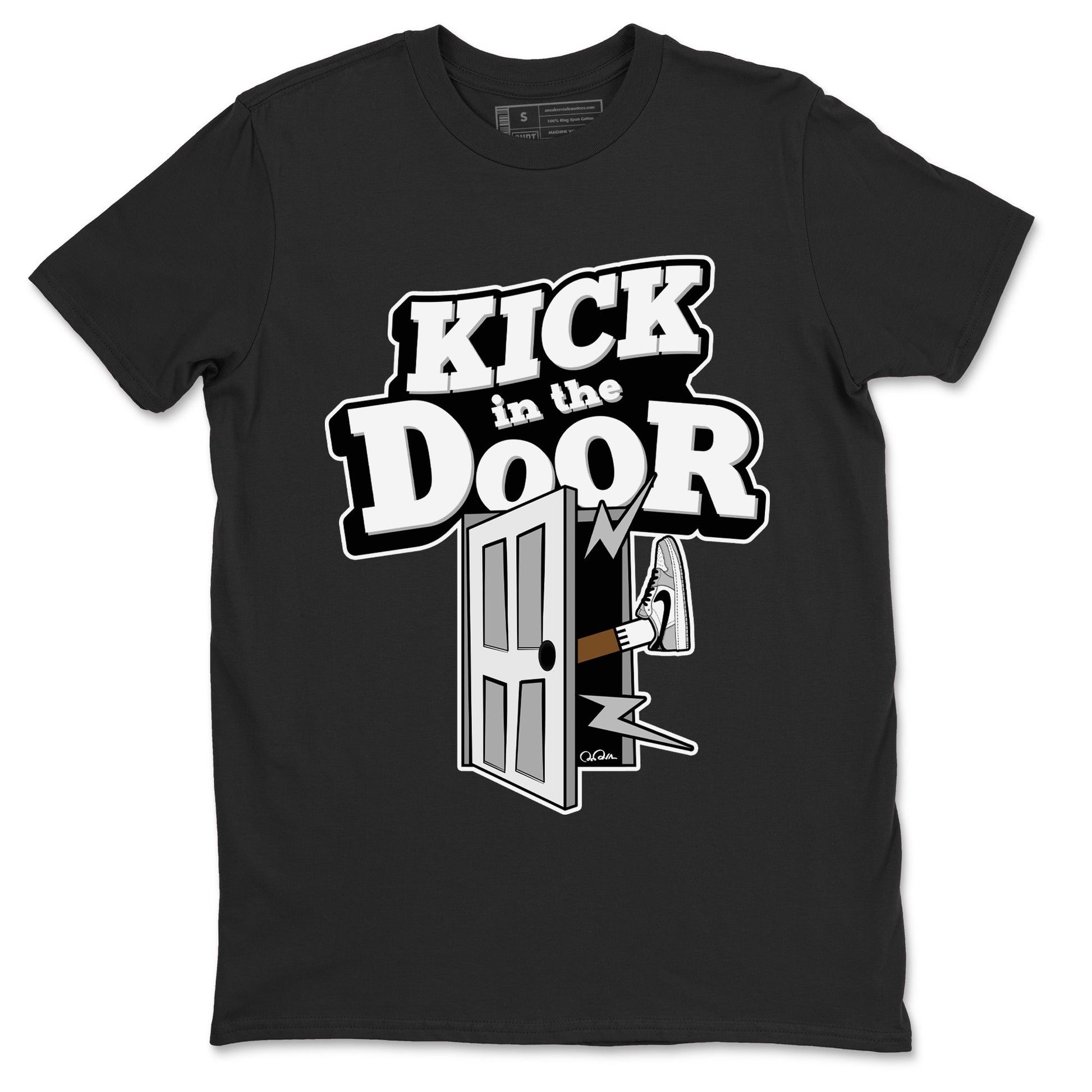 1s Wolf Grey shirts to match jordans Kick In The Door sneaker match tees Air Jordan 1 Wolf Grey SNRT Sneaker Tees streetwear brand Black 2 unisex cotton tee