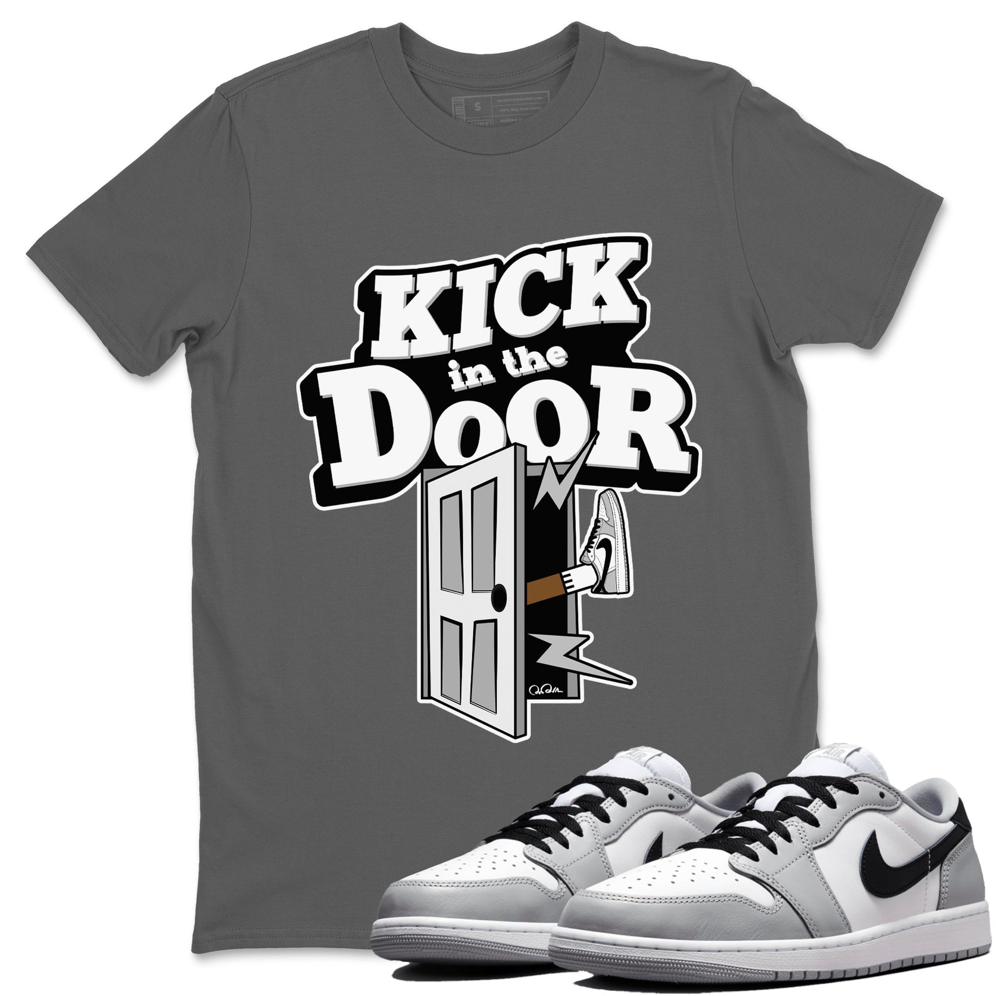 1s Wolf Grey shirts to match jordans Kick In The Door sneaker match tees Air Jordan 1 Wolf Grey SNRT Sneaker Tees streetwear brand Cool Grey 1 unisex cotton tee