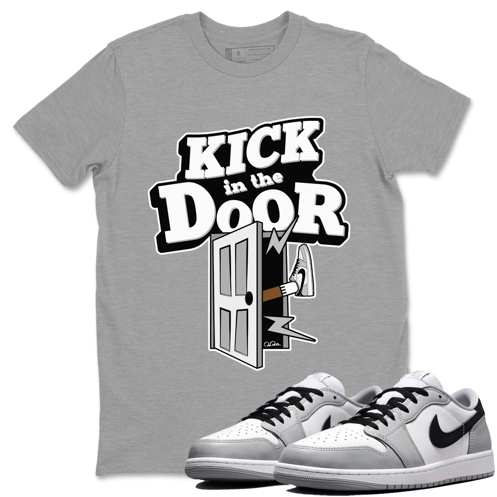 1s Wolf Grey shirts to match jordans Kick In The Door sneaker match tees Air Jordan 1 Wolf Grey SNRT Sneaker Tees streetwear brand Heather Grey 1 unisex cotton tee