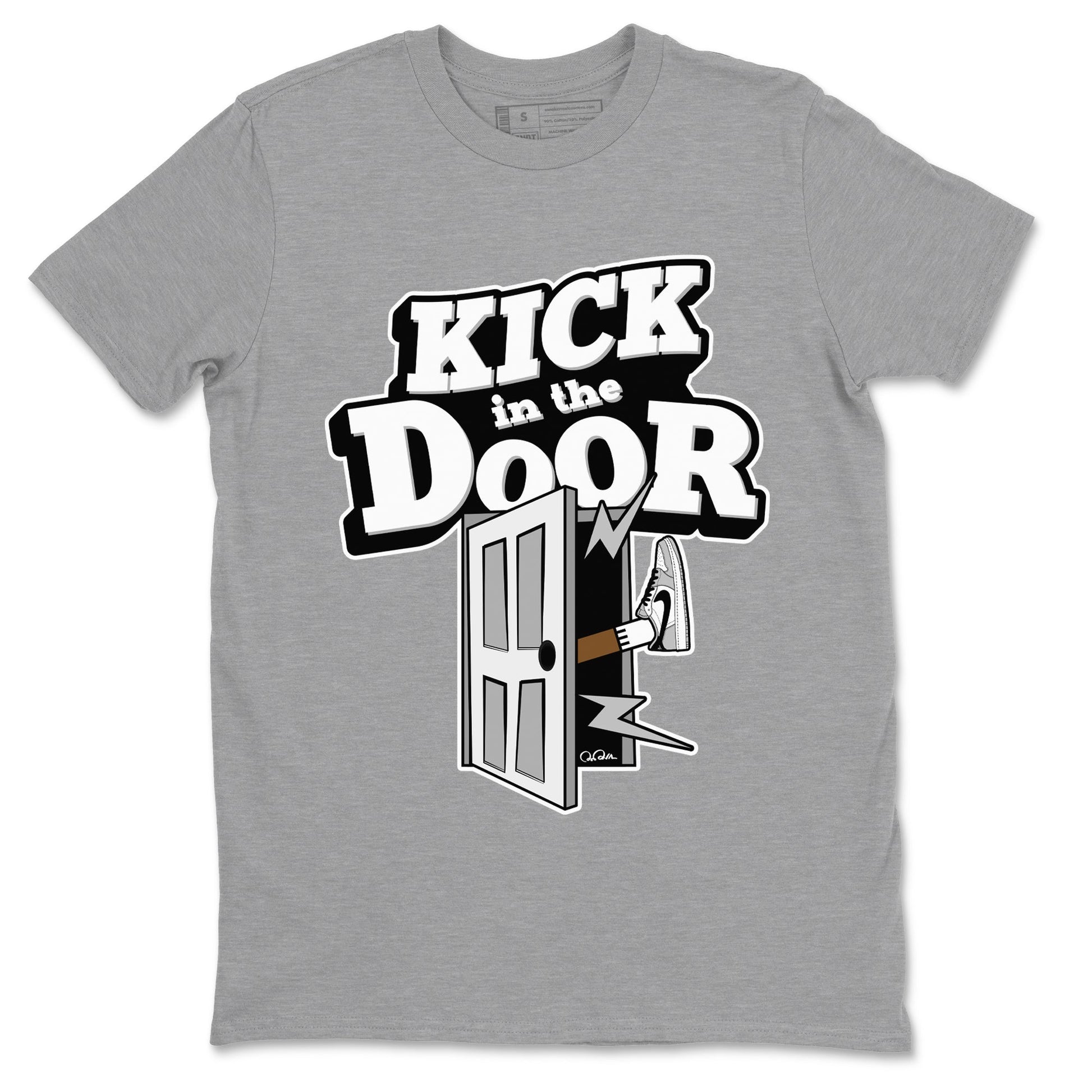 1s Wolf Grey shirts to match jordans Kick In The Door sneaker match tees Air Jordan 1 Wolf Grey SNRT Sneaker Tees streetwear brand Heather Grey 2 unisex cotton tee