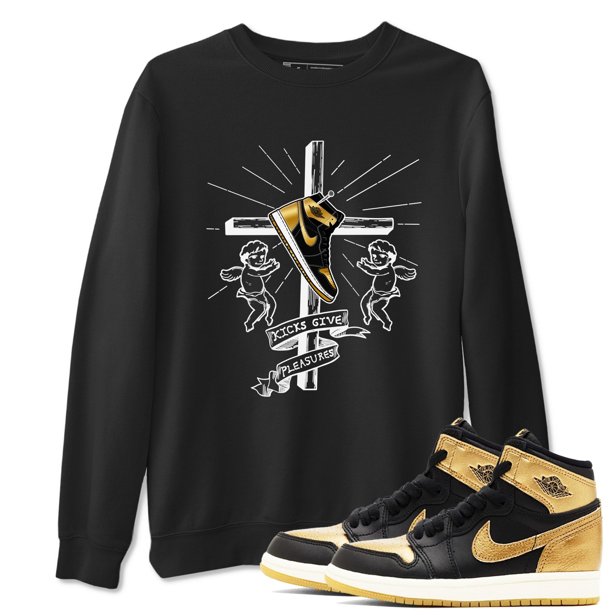 1s Black Metallic Gold shirts to match jordans Kicks Give Pleasures sneaker match tees Jordan 1 High OG Black and Gold SNRT Sneaker Tees streetwear brand Black 1 unisex cotton tee