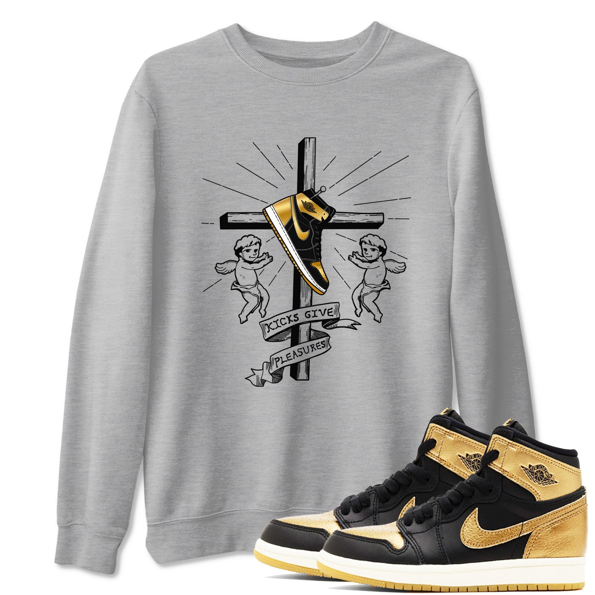1s Black Metallic Gold shirts to match jordans Kicks Give Pleasures sneaker match tees Jordan 1 High OG Black and Gold SNRT Sneaker Tees streetwear brand Heather Grey 1 unisex cotton tee
