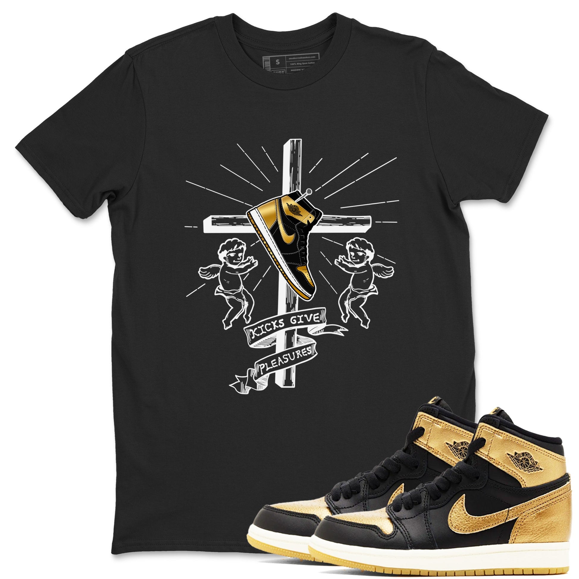 1s Black Metallic Gold shirts to match jordans Kicks Give Pleasures sneaker match tees Jordan 1 High OG Black and Gold SNRT Sneaker Tees streetwear brand Black 1 unisex cotton tee