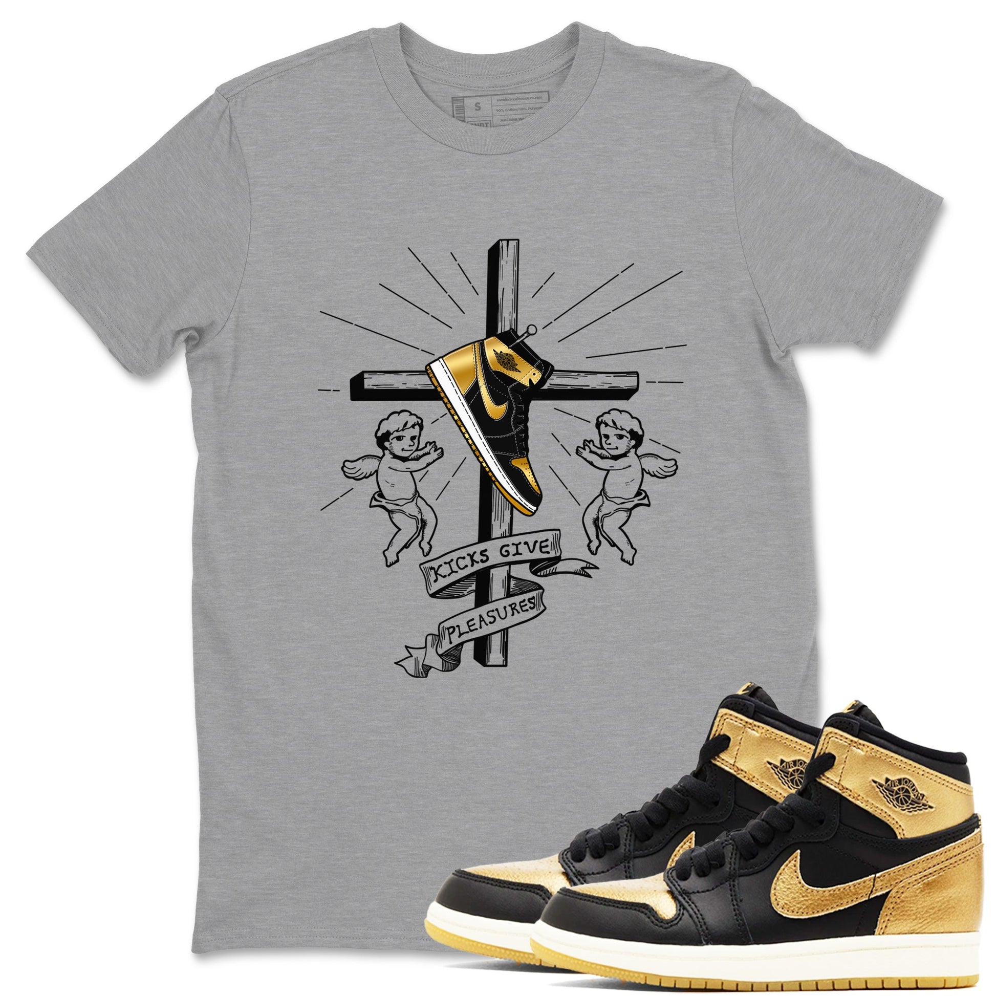 1s Black Metallic Gold shirts to match jordans Kicks Give Pleasures sneaker match tees Jordan 1 High OG Black and Gold SNRT Sneaker Tees streetwear brand Heather Grey 1 unisex cotton tee