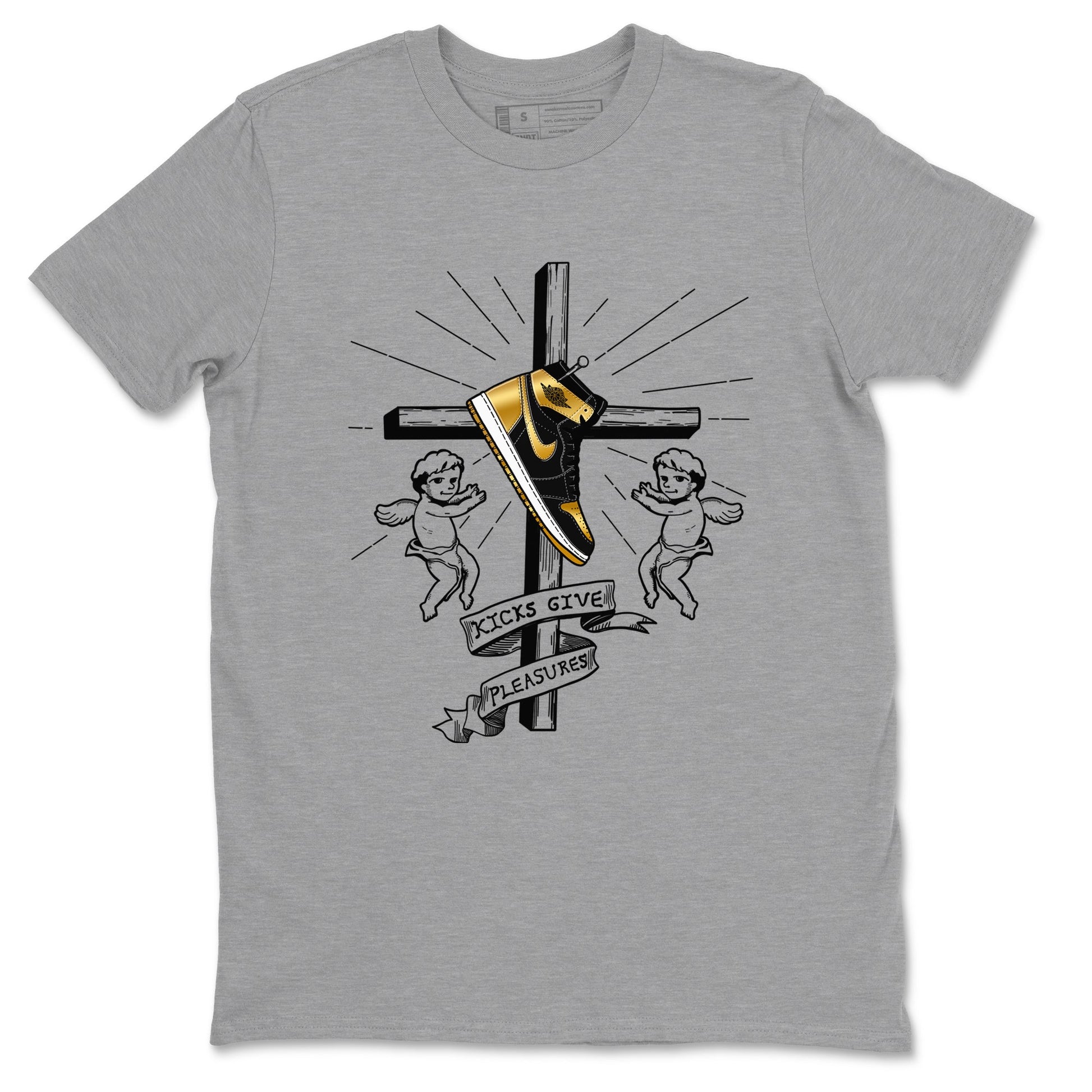 1s Black Metallic Gold shirts to match jordans Kicks Give Pleasures sneaker match tees Jordan 1 High OG Black and Gold SNRT Sneaker Tees streetwear brand Heather Grey 2 unisex cotton tee