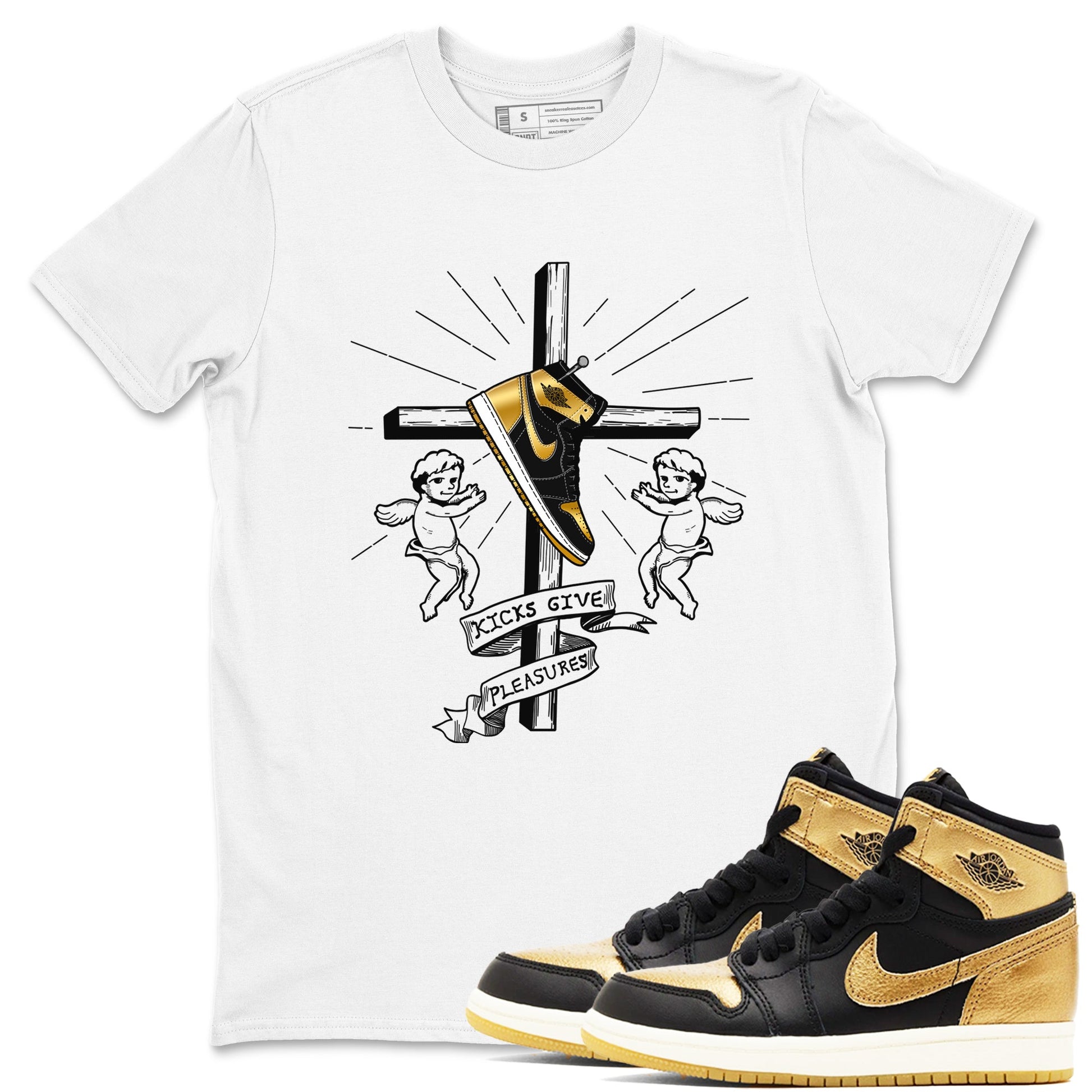 1s Black Metallic Gold shirts to match jordans Kicks Give Pleasures sneaker match tees Jordan 1 High OG Black and Gold SNRT Sneaker Tees streetwear brand White 1 unisex cotton tee