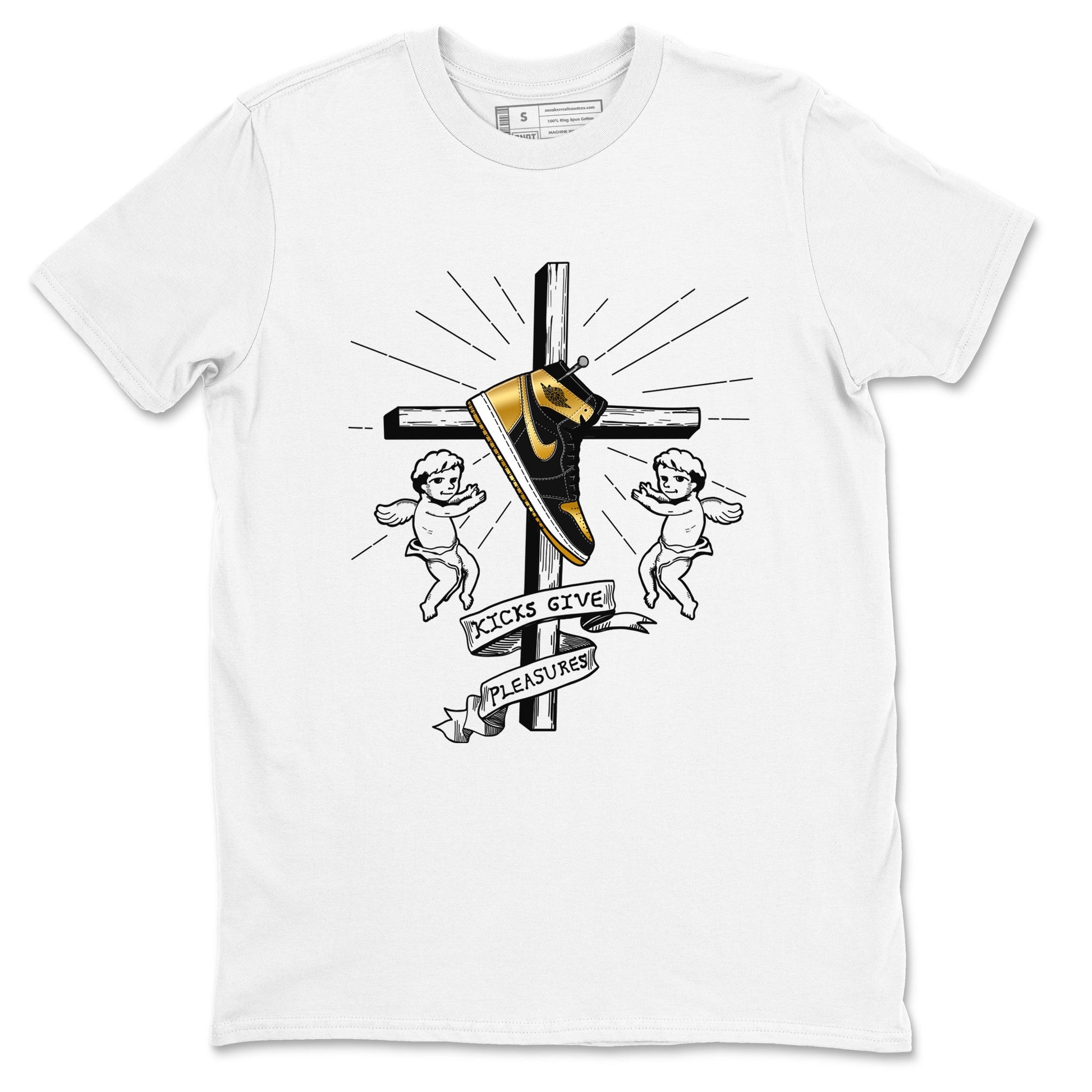 1s Black Metallic Gold shirts to match jordans Kicks Give Pleasures sneaker match tees Jordan 1 High OG Black and Gold SNRT Sneaker Tees streetwear brand White 2 unisex cotton tee