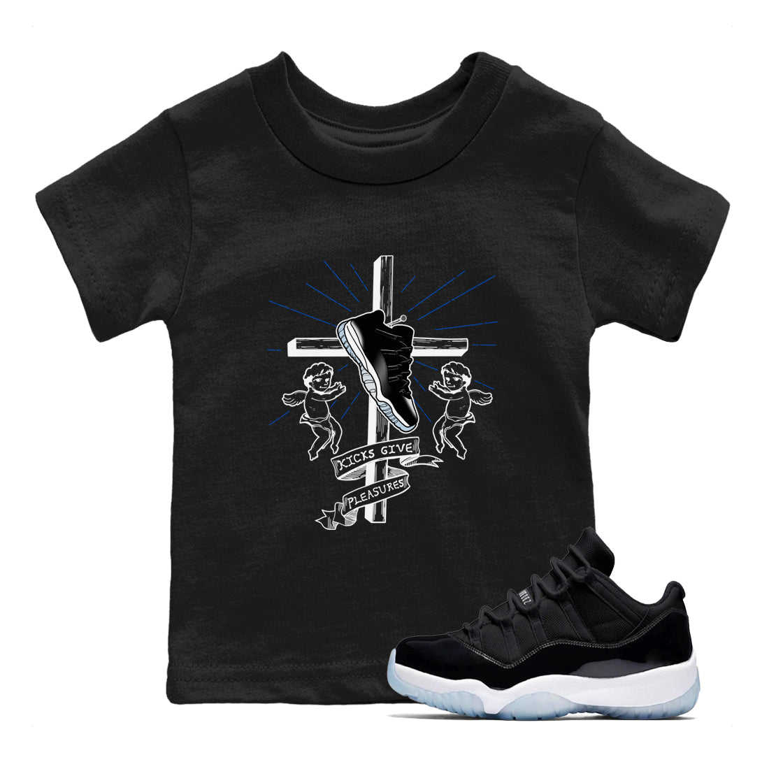 11s Black and Varsity Royal shirt to match jordans Kicks Give Pleasures sneaker tees Air Jordan 11 Black/Varsity Royal SNRT sneaker release tees baby toddler Black 1 cotton Shirt