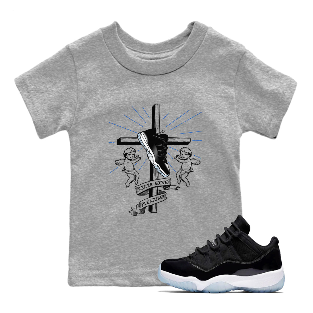 11s Black and Varsity Royal shirt to match jordans Kicks Give Pleasures sneaker tees Air Jordan 11 Black/Varsity Royal SNRT sneaker release tees baby toddler Heather Grey 1 cotton Shirt