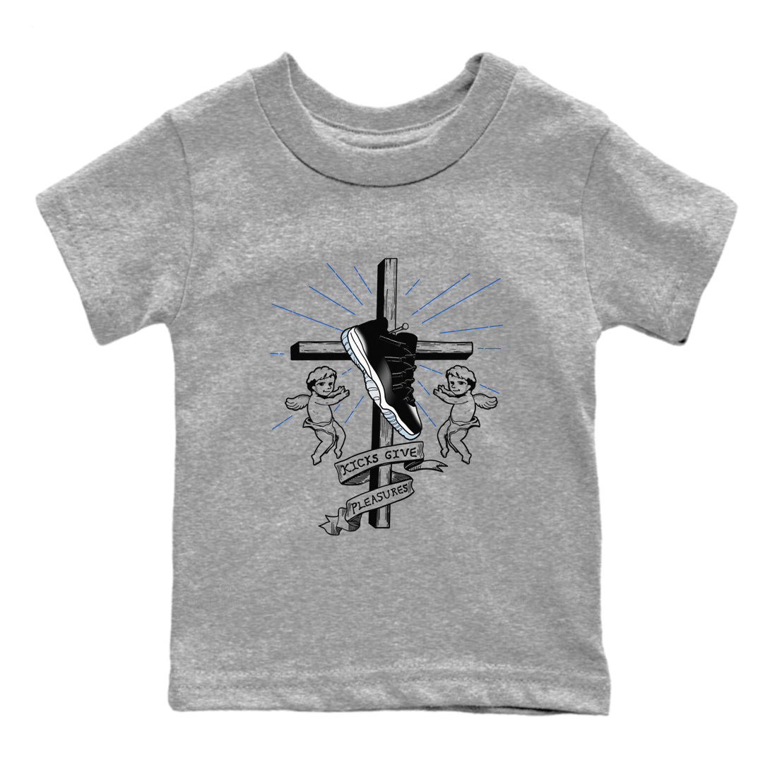 11s Black and Varsity Royal shirt to match jordans Kicks Give Pleasures sneaker tees Air Jordan 11 Black/Varsity Royal SNRT sneaker release tees baby toddler Heather Grey 2 cotton Shirt