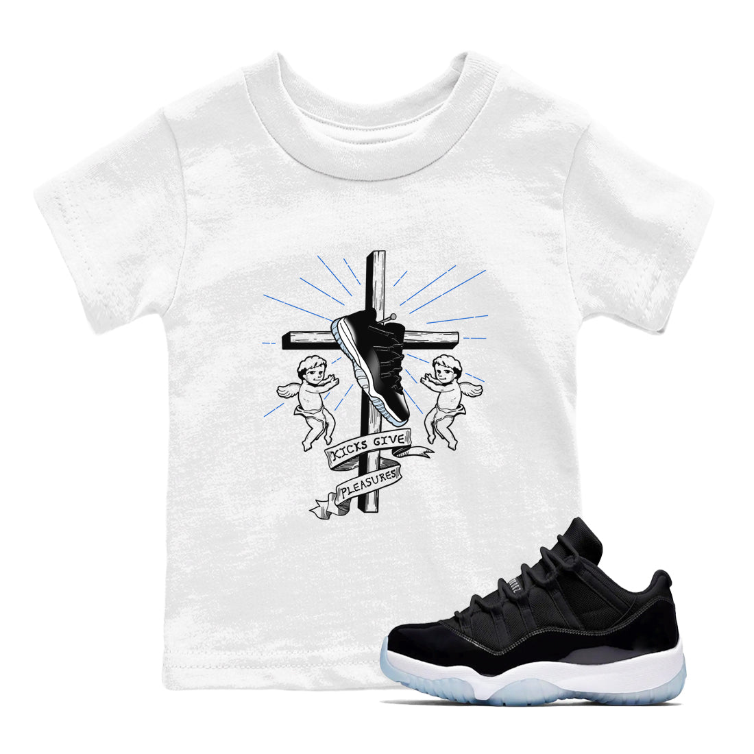 11s Black and Varsity Royal shirt to match jordans Kicks Give Pleasures sneaker tees Air Jordan 11 Black/Varsity Royal SNRT sneaker release tees baby toddler White 1 cotton Shirt