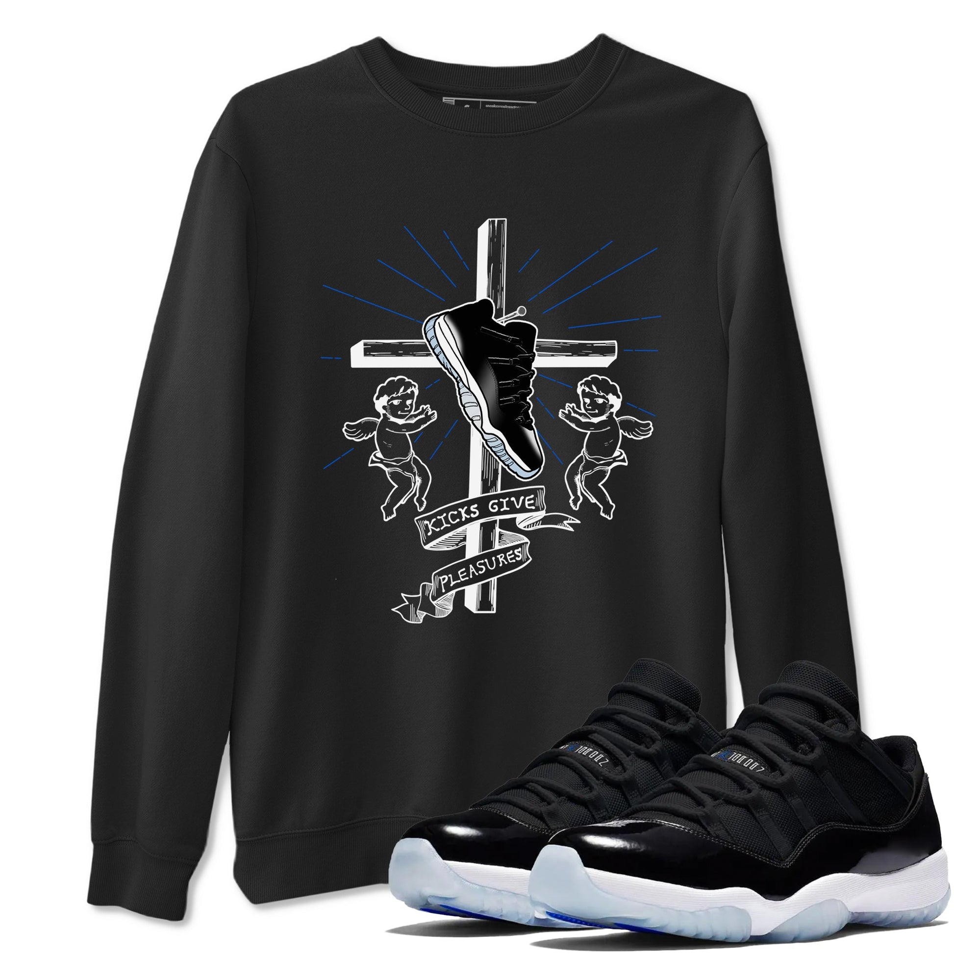 11s Black and Varsity Royal shirt to match jordans Kicks Give Pleasures sneaker tees Air Jordan 11 Black/Varsity Royal SNRT Sneaker Release Tees unisex cotton Black 1 crew neck shirt