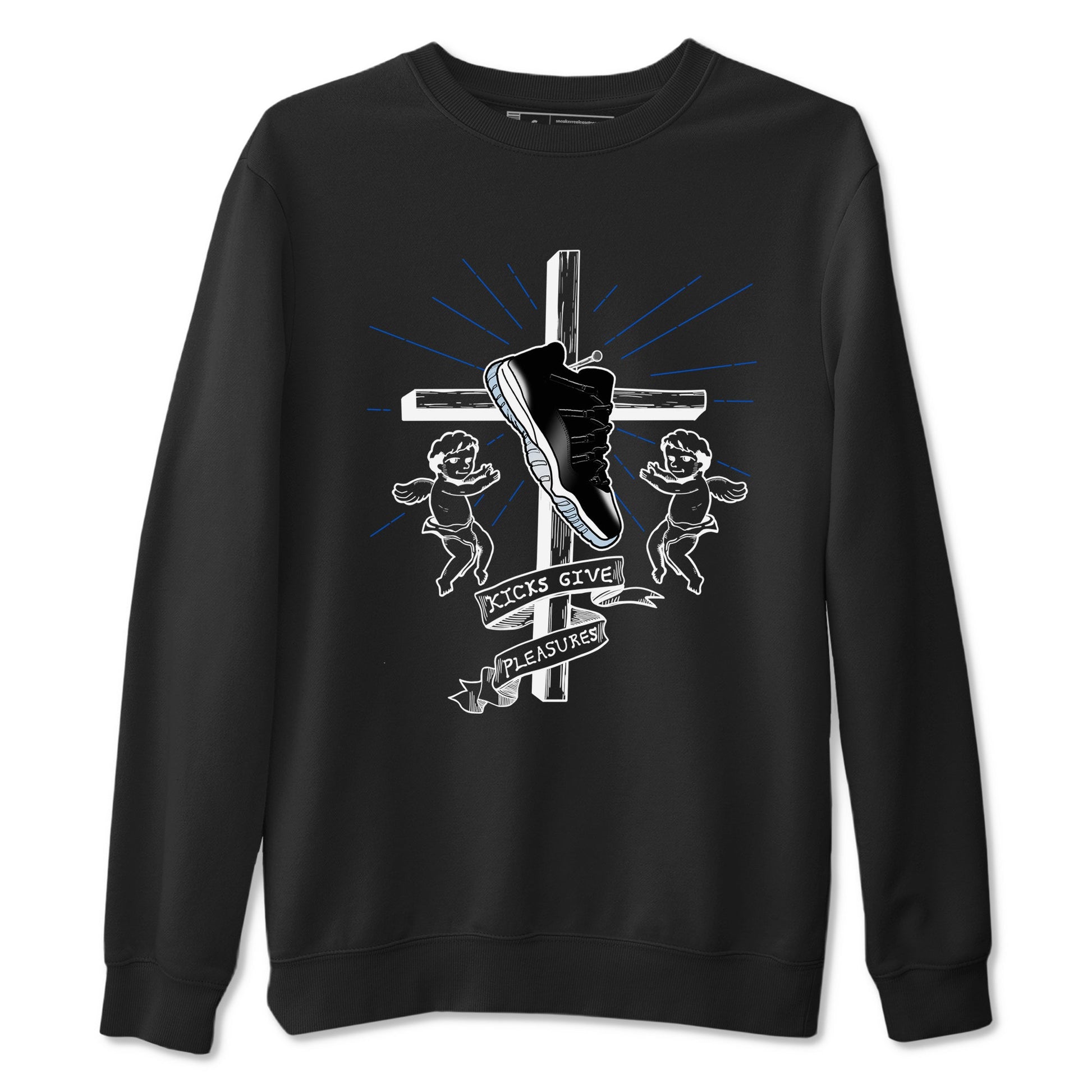 11s Black and Varsity Royal shirt to match jordans Kicks Give Pleasures sneaker tees Air Jordan 11 Black/Varsity Royal SNRT Sneaker Release Tees unisex cotton Black 2 crew neck shirt