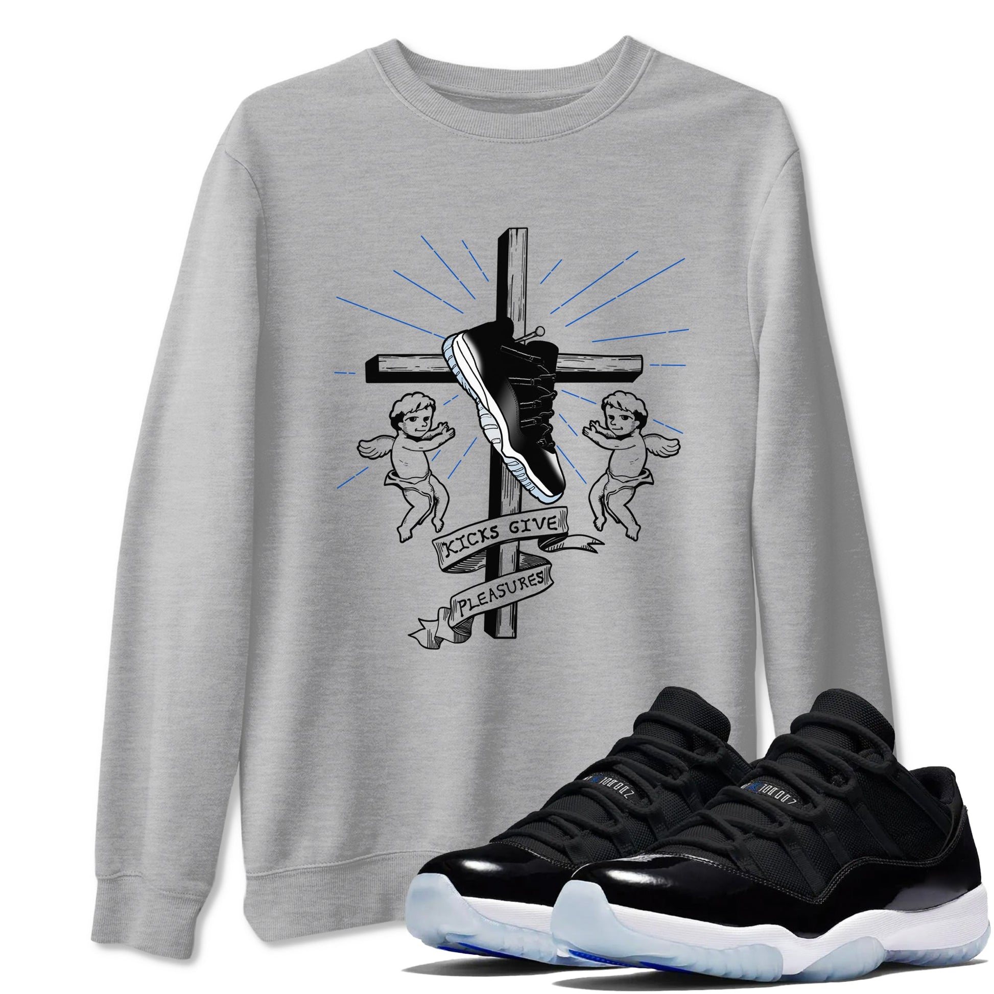 11s Black and Varsity Royal shirt to match jordans Kicks Give Pleasures sneaker tees Air Jordan 11 Black/Varsity Royal SNRT Sneaker Release Tees unisex cotton Heather Grey 1 crew neck shirt