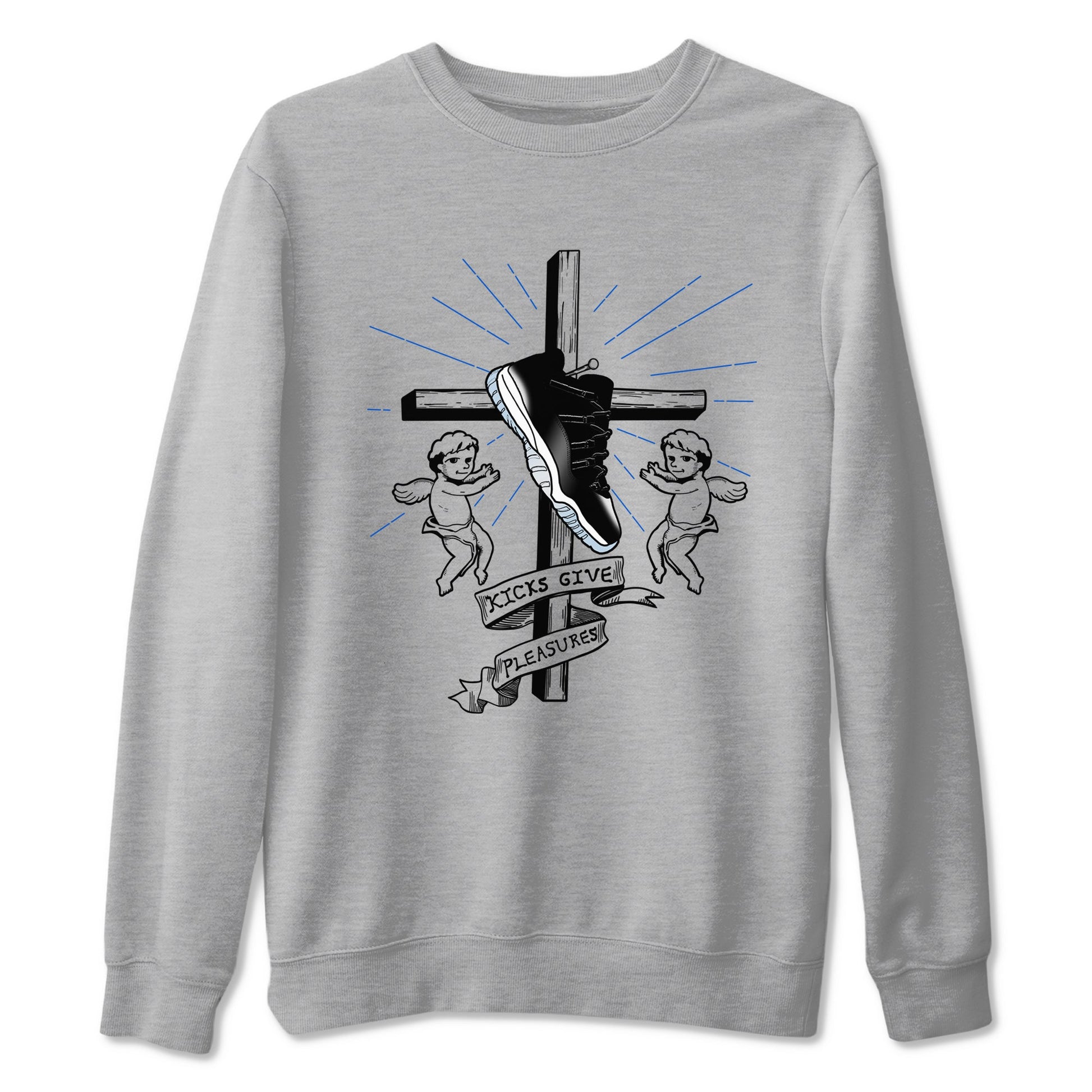 11s Black and Varsity Royal shirt to match jordans Kicks Give Pleasures sneaker tees Air Jordan 11 Black/Varsity Royal SNRT Sneaker Release Tees unisex cotton Heather Grey 2 crew neck shirt