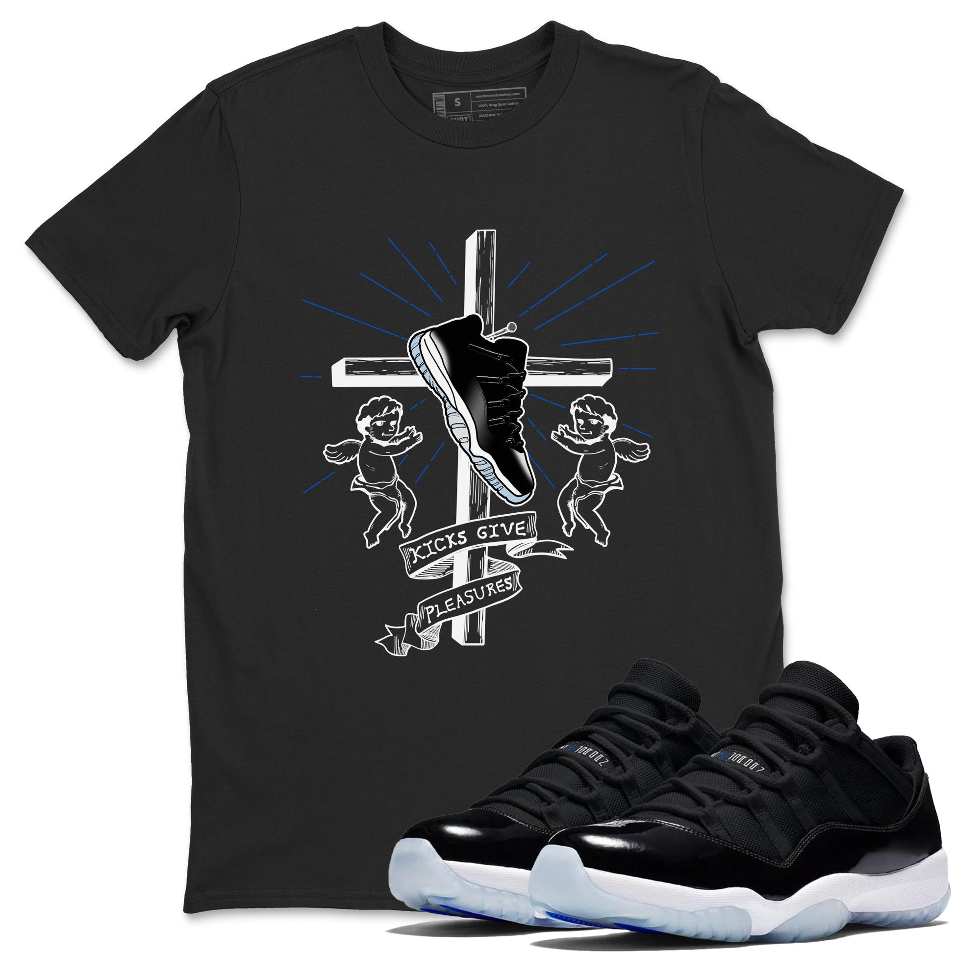11s Black and Varsity Royal shirt to match jordans Kicks Give Pleasures sneaker tees Air Jordan 11 Black/Varsity Royal SNRT Sneaker Release Tees unisex cotton Black 1 crew neck shirt