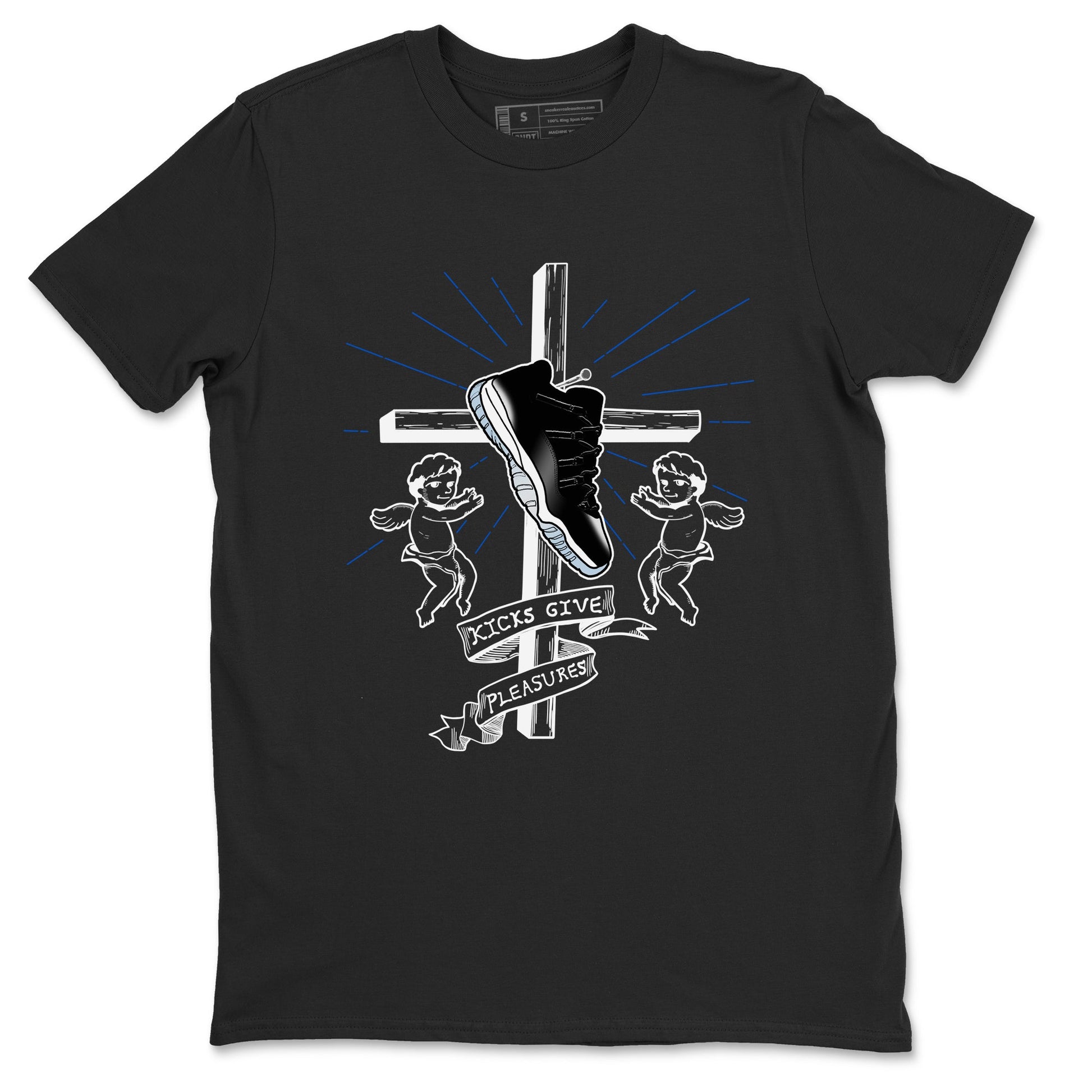 11s Black and Varsity Royal shirt to match jordans Kicks Give Pleasures sneaker tees Air Jordan 11 Black/Varsity Royal SNRT Sneaker Release Tees unisex cotton Black 2 crew neck shirt