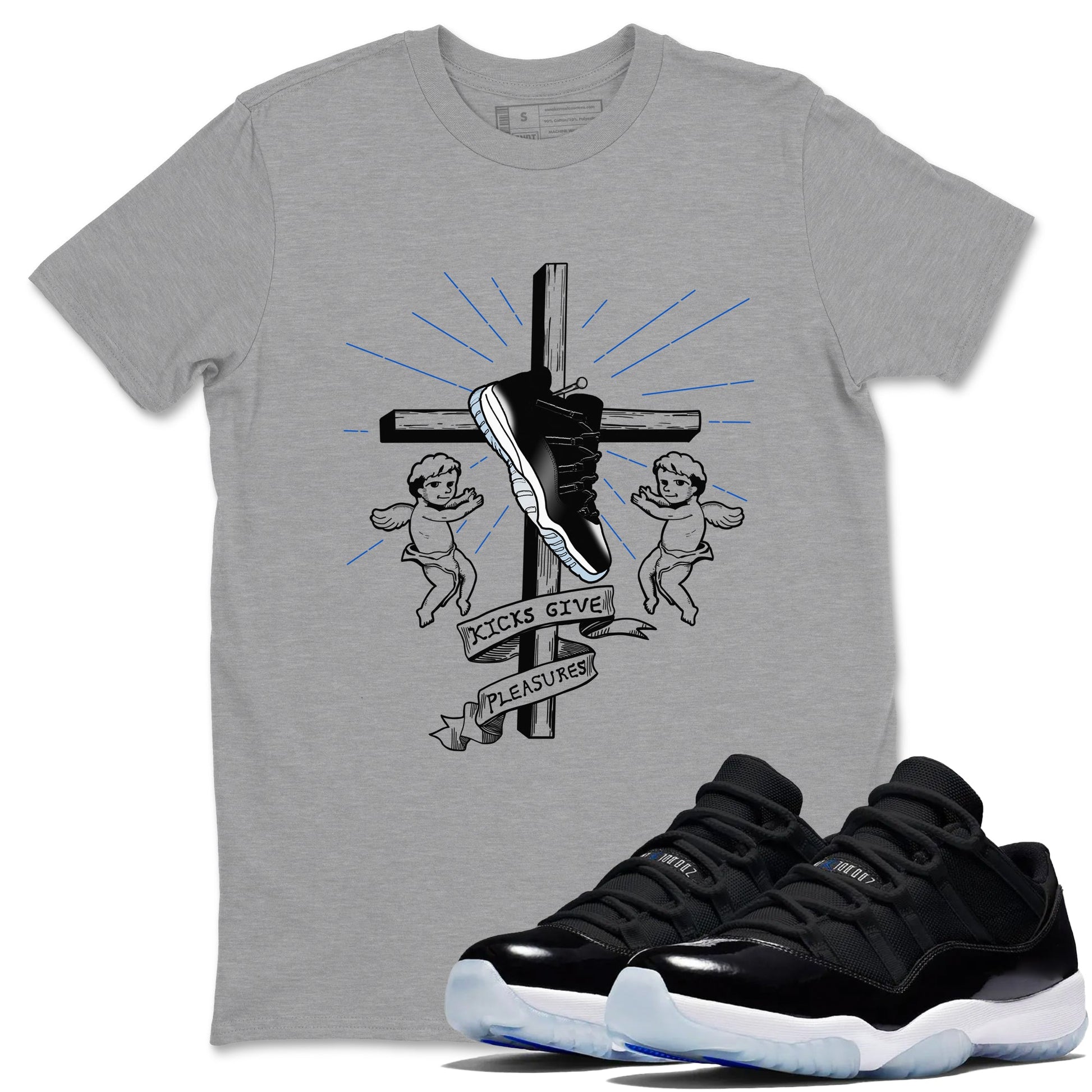 11s Black and Varsity Royal shirt to match jordans Kicks Give Pleasures sneaker tees Air Jordan 11 Black/Varsity Royal SNRT Sneaker Release Tees unisex cotton Heather Grey 1 crew neck shirt