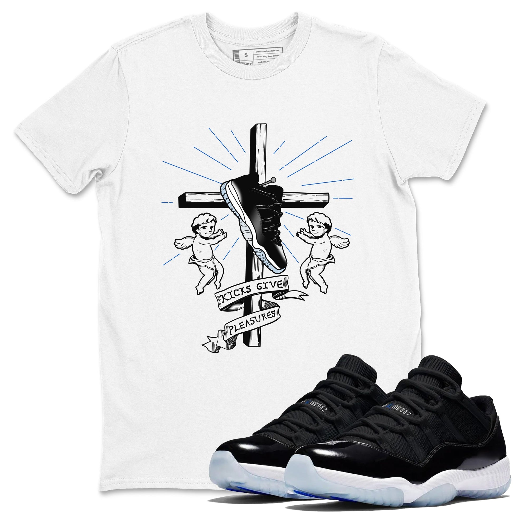 11s Black and Varsity Royal shirt to match jordans Kicks Give Pleasures sneaker tees Air Jordan 11 Black/Varsity Royal SNRT Sneaker Release Tees unisex cotton White 1 crew neck shirt