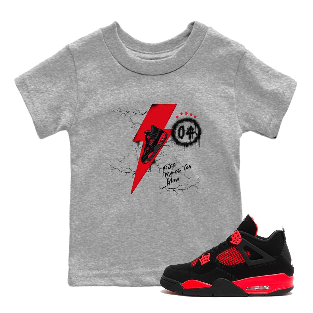 4s Red Thunder shirts to match jordans Kicks Make You Glow sneaker match tees Air Jordan 4 Red Thunder SNRT Sneaker Tees streetwear brand Baby and Youth Heather Grey 1 cotton tee