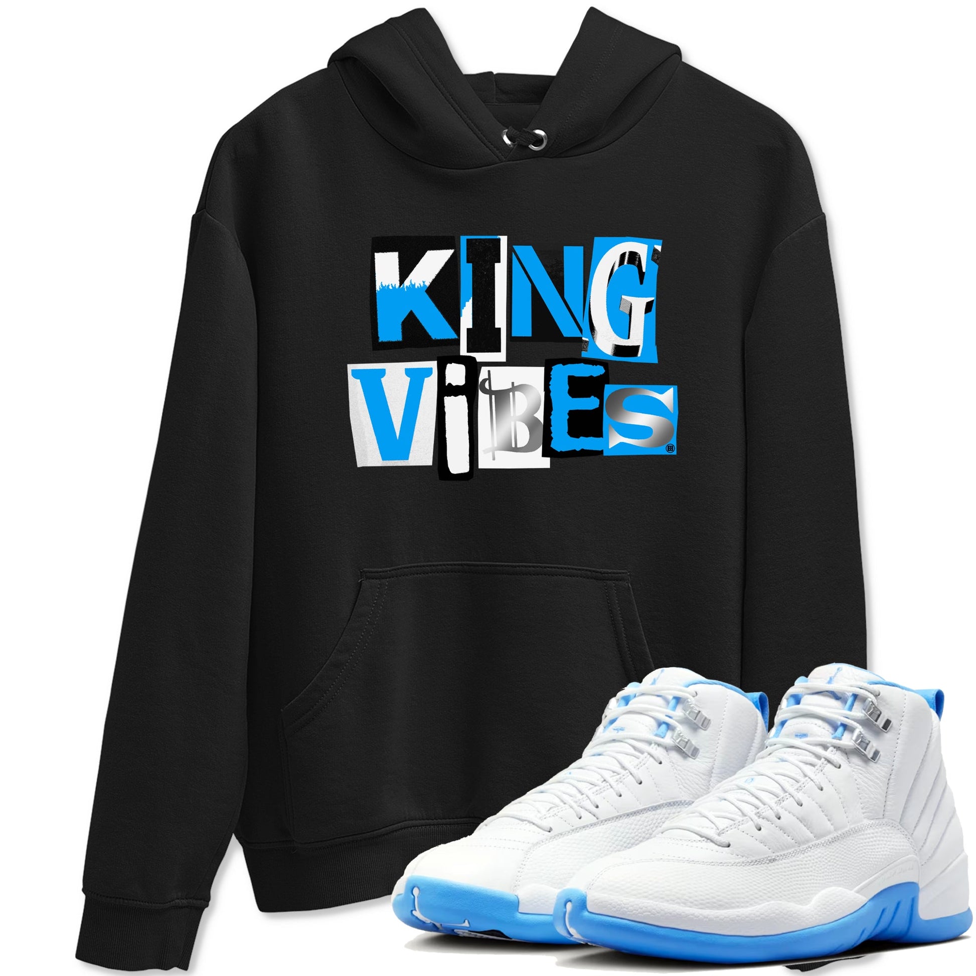 King Vibes sneaker match t-shirt styled to complete your fit with the Air Jordan 12 White and University Blue sneakers, shown in Black 1.