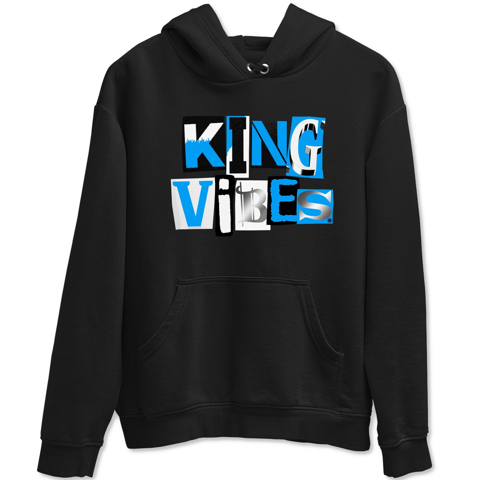 King Vibes sneaker match t-shirt styled to complete your fit with the Air Jordan 12 White and University Blue sneakers, shown in Black 2.