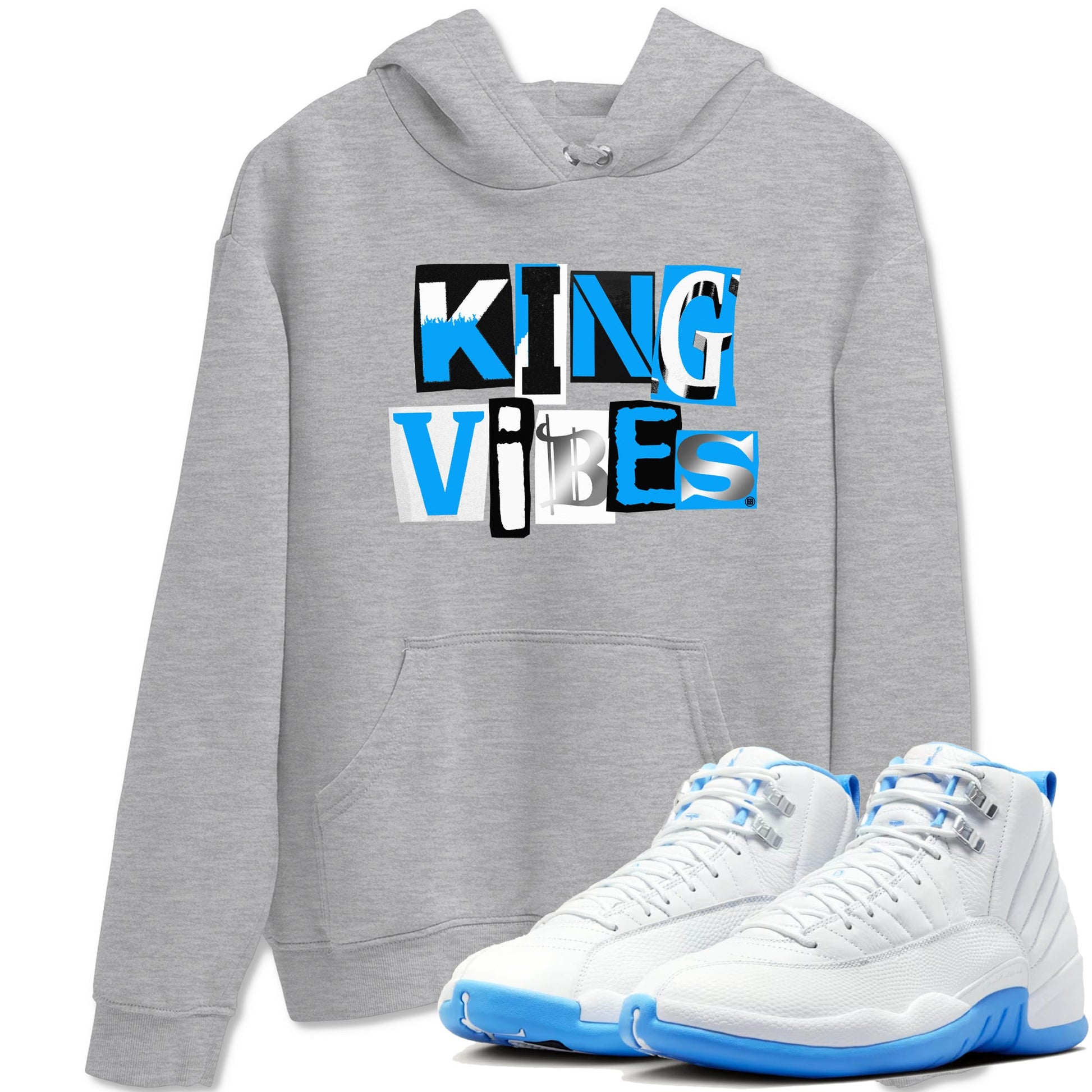 King Vibes sneaker match t-shirt styled to complete your fit with the Air Jordan 12 White and University Blue sneakers, shown in Heather Grey 1.