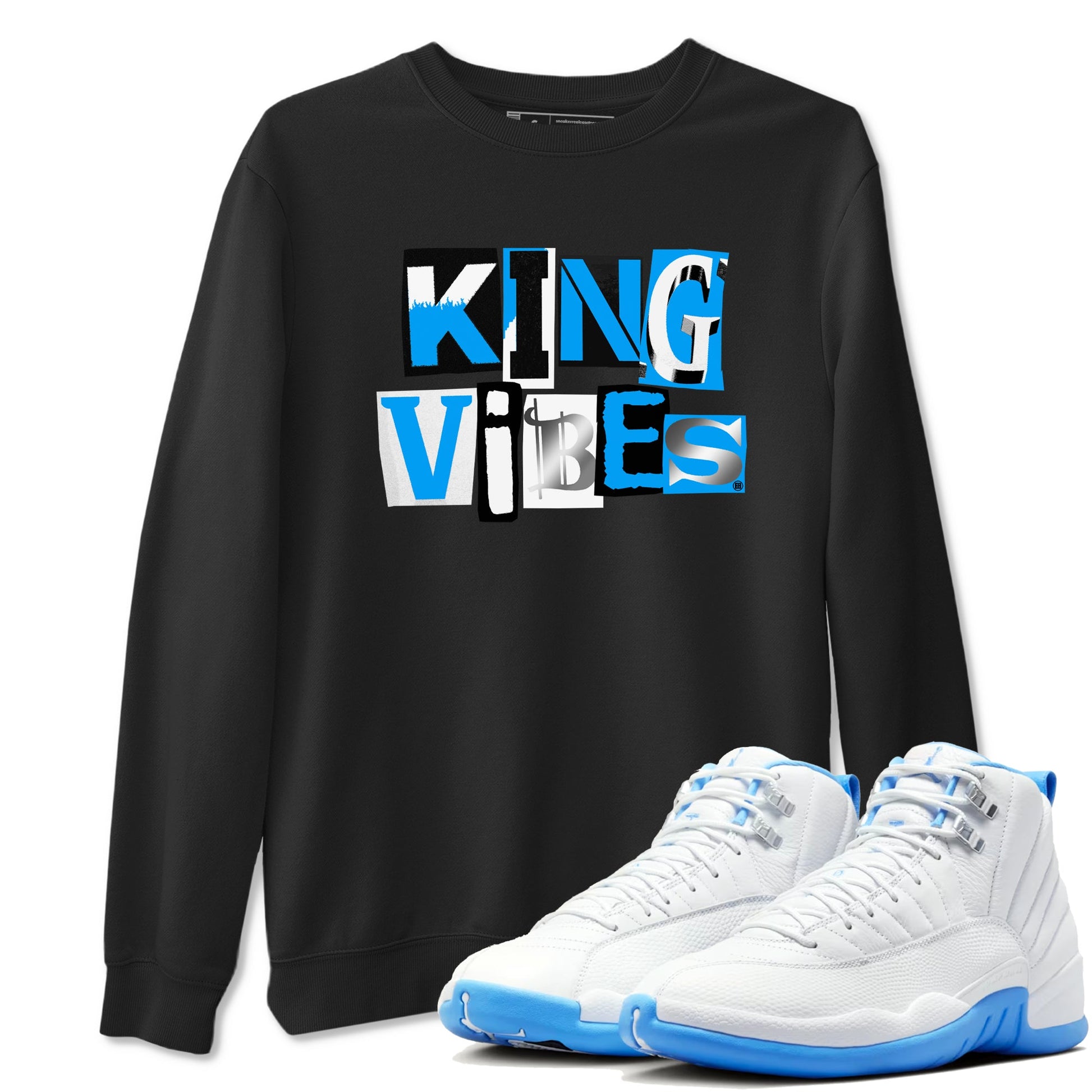 King Vibes sneaker match t-shirt styled to complete your fit with the Air Jordan 12 White and University Blue sneakers, shown in Black 1.