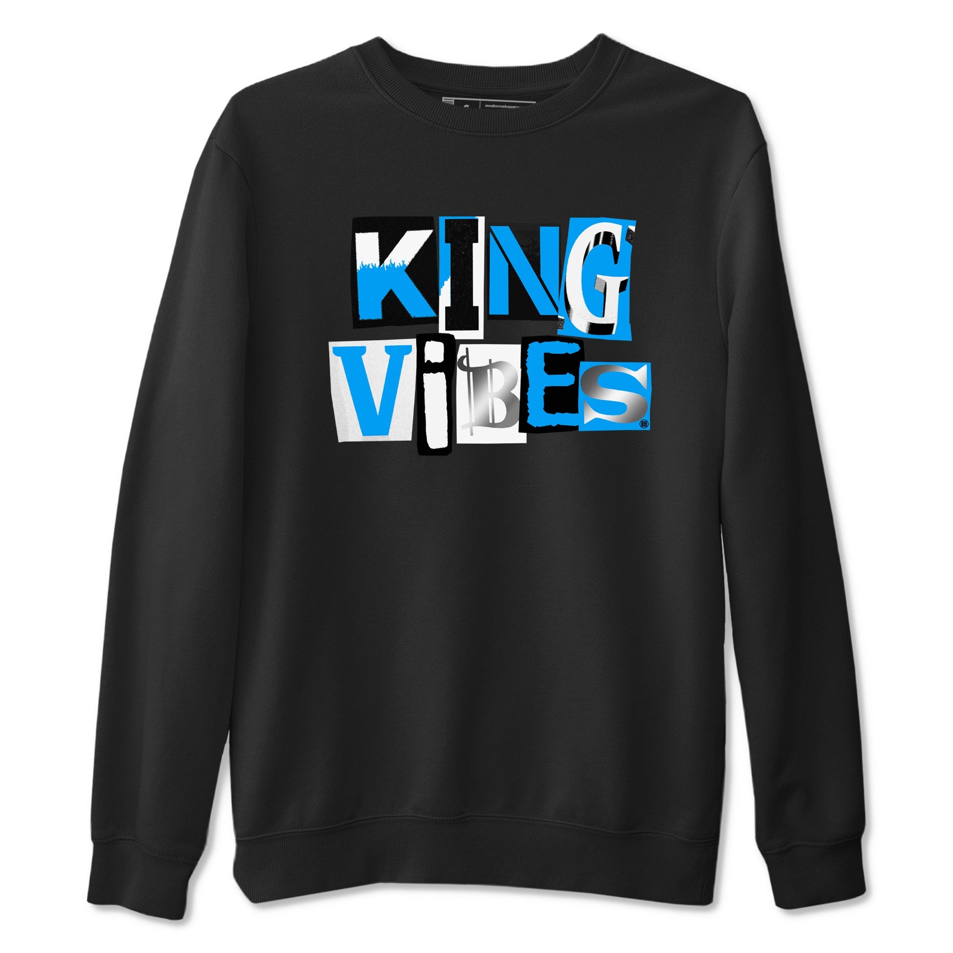King Vibes sneaker match t-shirt styled to complete your fit with the Air Jordan 12 White and University Blue sneakers, shown in Black 2.
