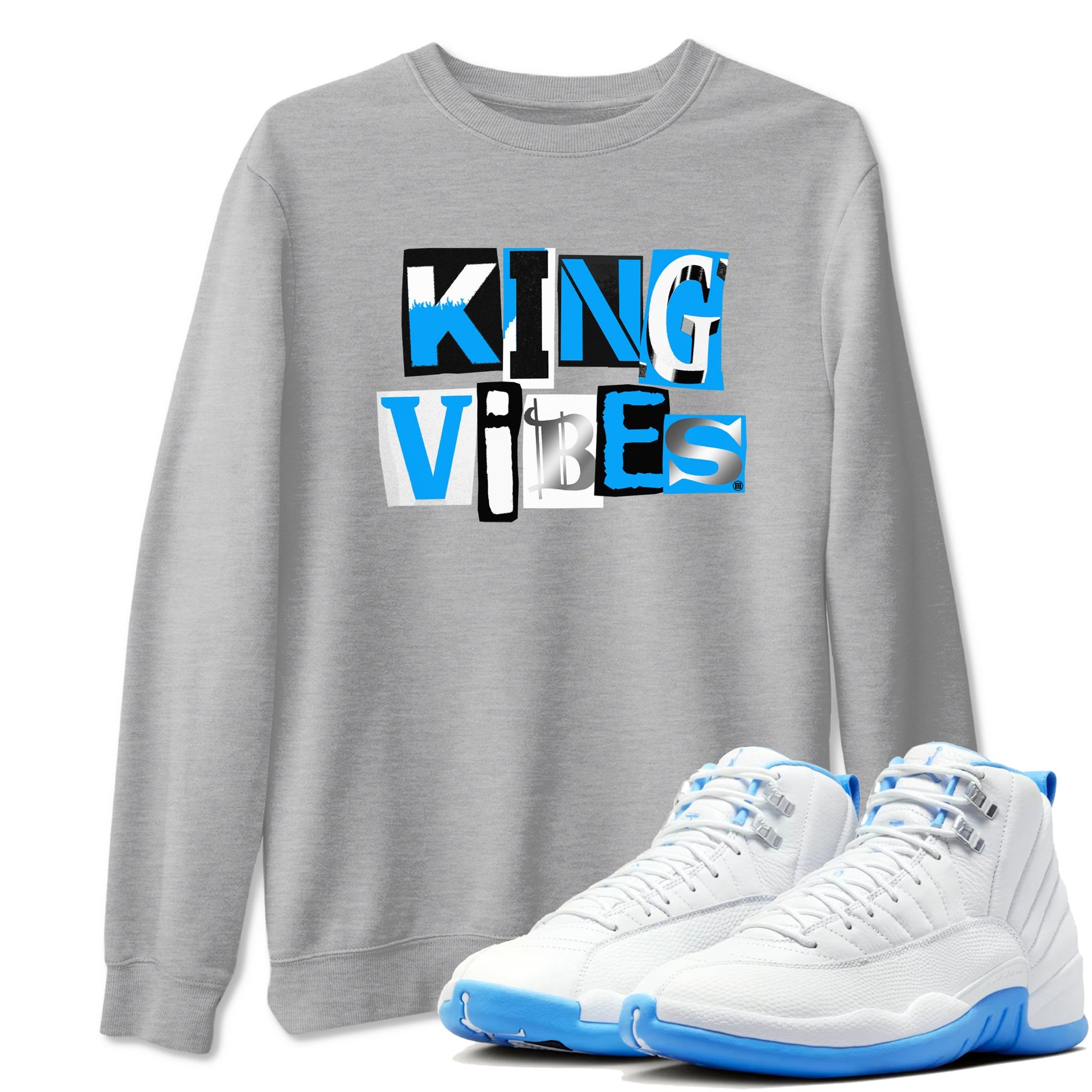 King Vibes sneaker match t-shirt styled to complete your fit with the Air Jordan 12 White and University Blue sneakers, shown in Heather Grey 1.