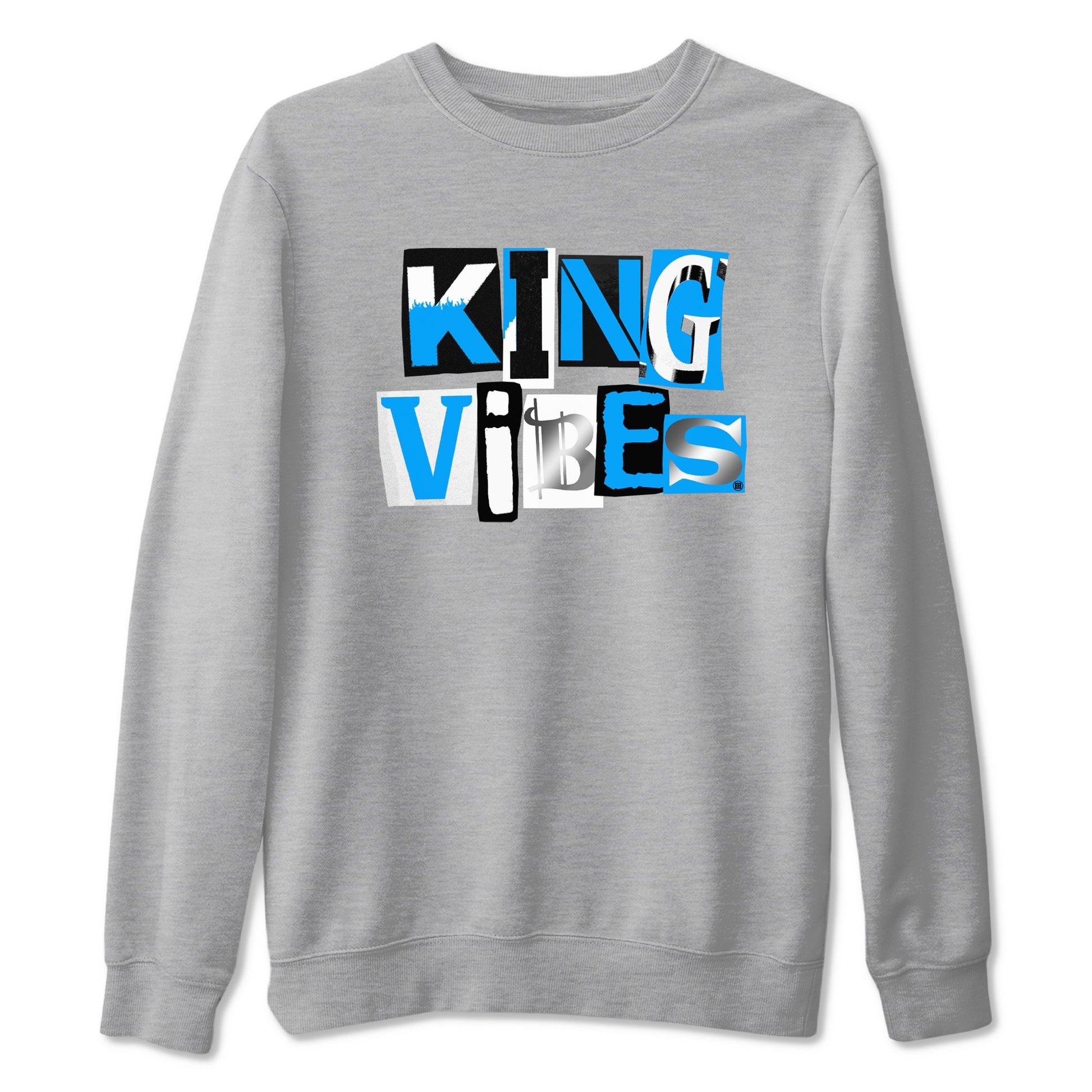 King Vibes sneaker match t-shirt styled to complete your fit with the Air Jordan 12 White and University Blue sneakers, shown in Heather Grey 2.