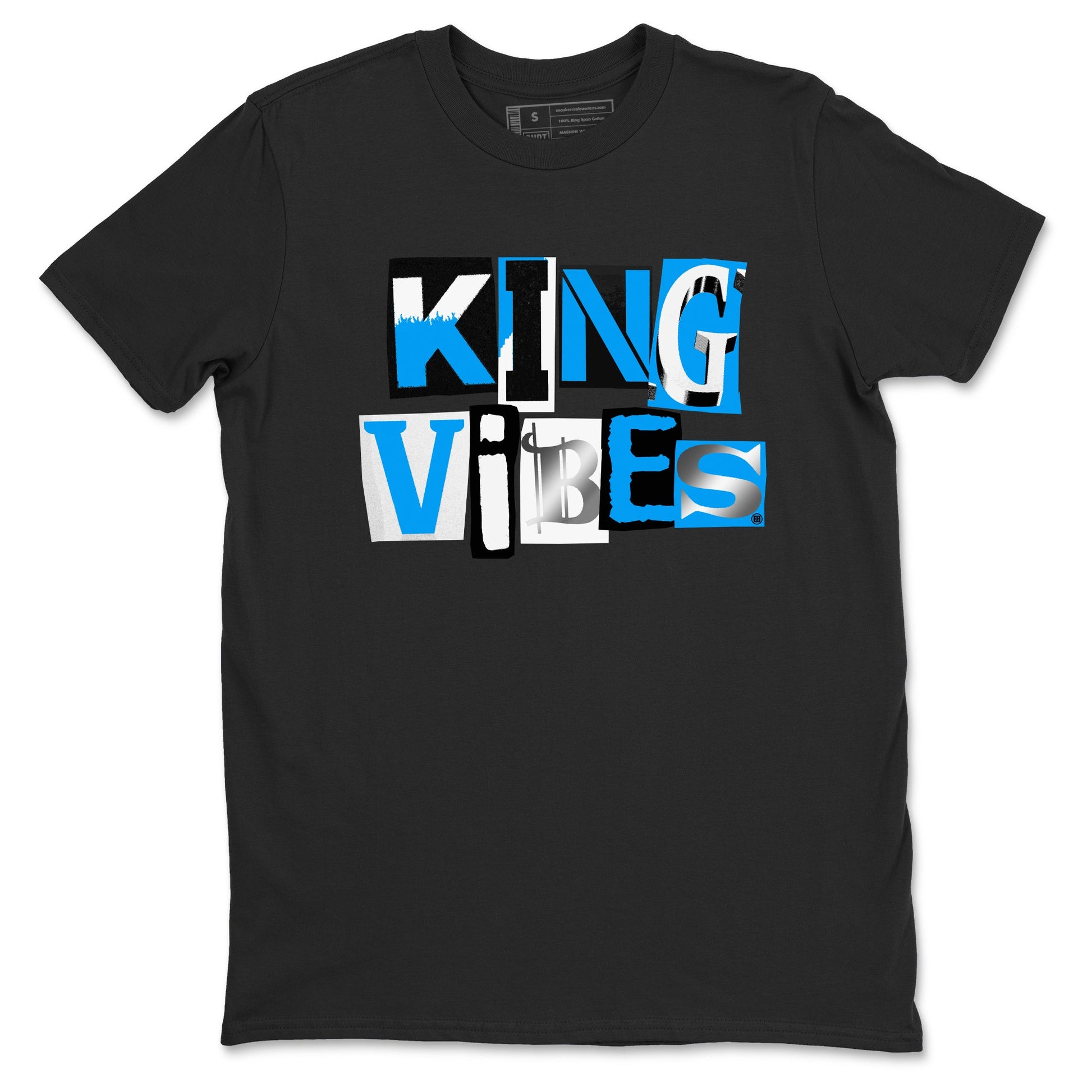 King Vibes sneaker match t-shirt styled to complete your fit with the Air Jordan 12 White and University Blue sneakers, shown in Black 2.