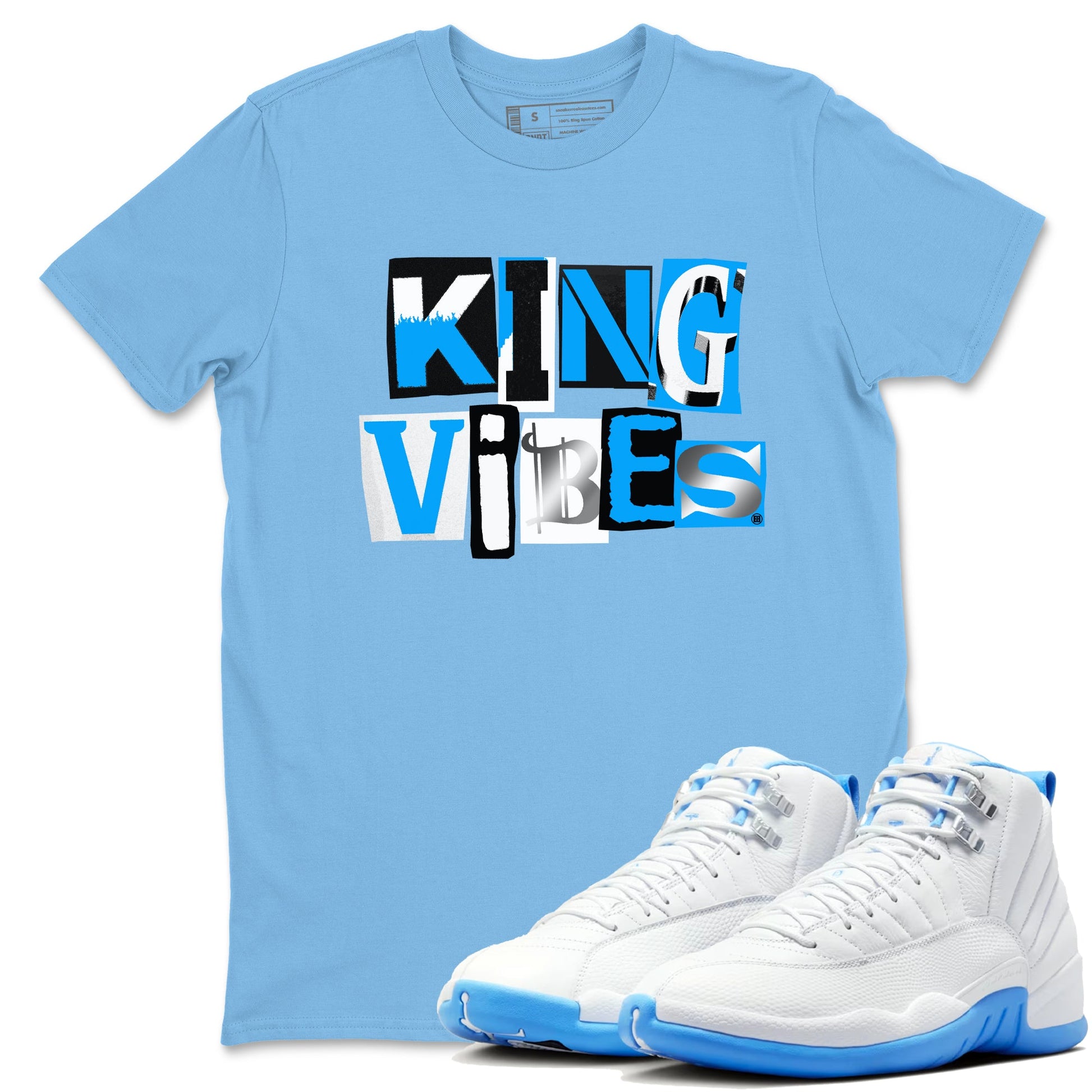 King Vibes sneaker match t-shirt styled to complete your fit with the Air Jordan 12 White and University Blue sneakers, shown in Carolina Blue 1.
