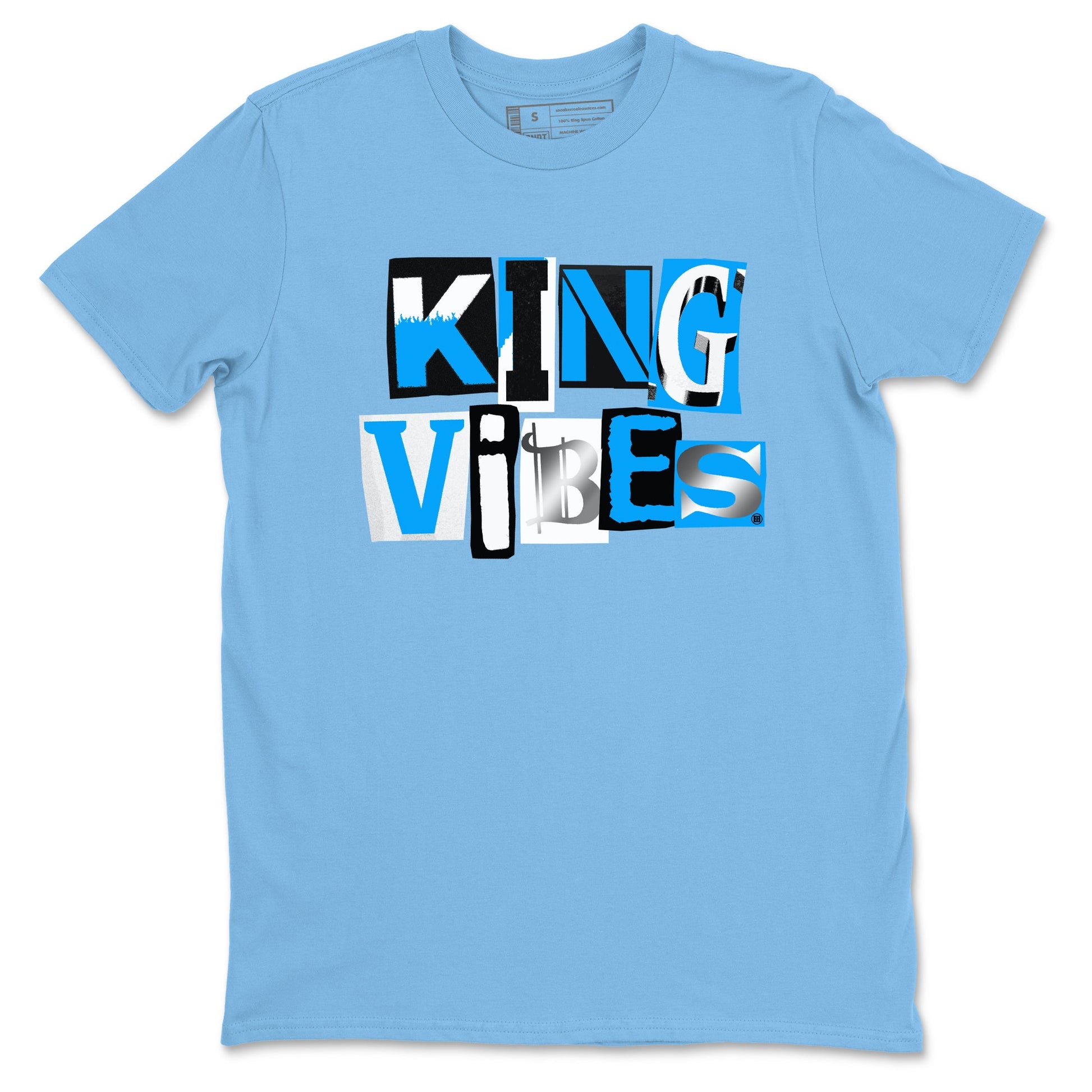 King Vibes sneaker match t-shirt styled to complete your fit with the Air Jordan 12 White and University Blue sneakers, shown in Carolina Blue 2.