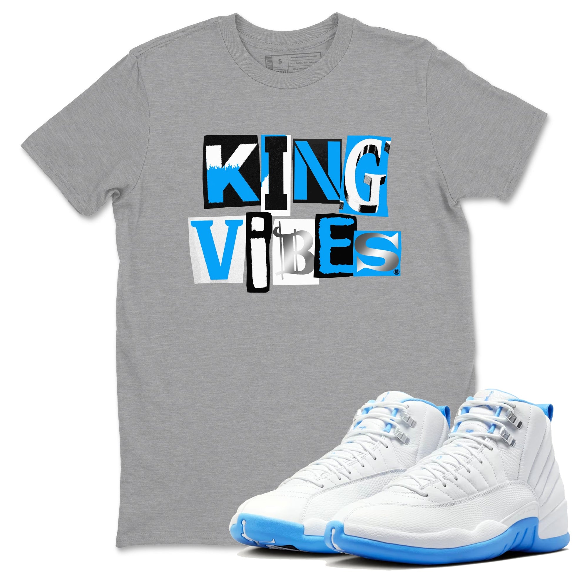 King Vibes sneaker match t-shirt styled to complete your fit with the Air Jordan 12 White and University Blue sneakers, shown in Heather Grey 1.