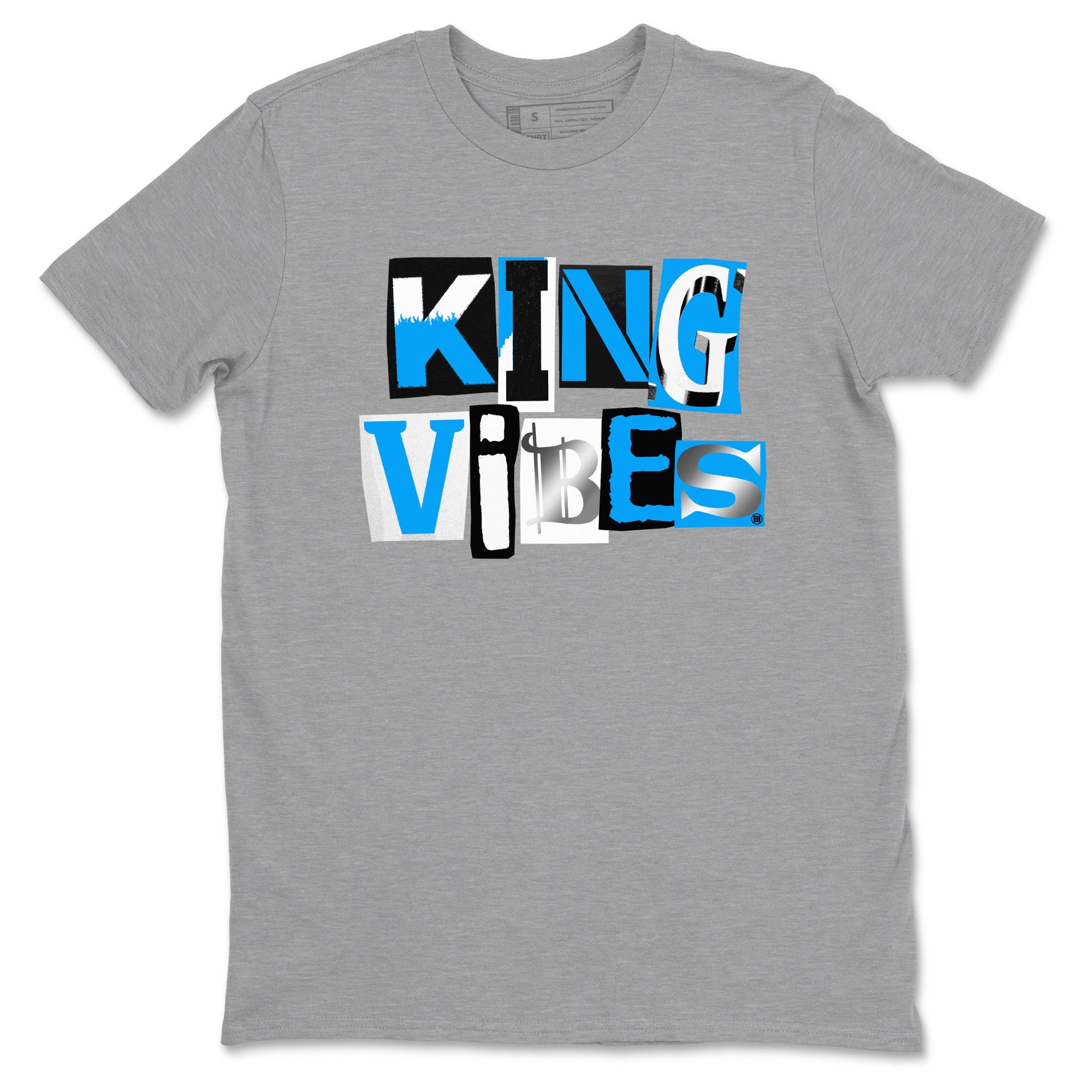 King Vibes sneaker match t-shirt styled to complete your fit with the Air Jordan 12 White and University Blue sneakers, shown in Heather Grey 2.