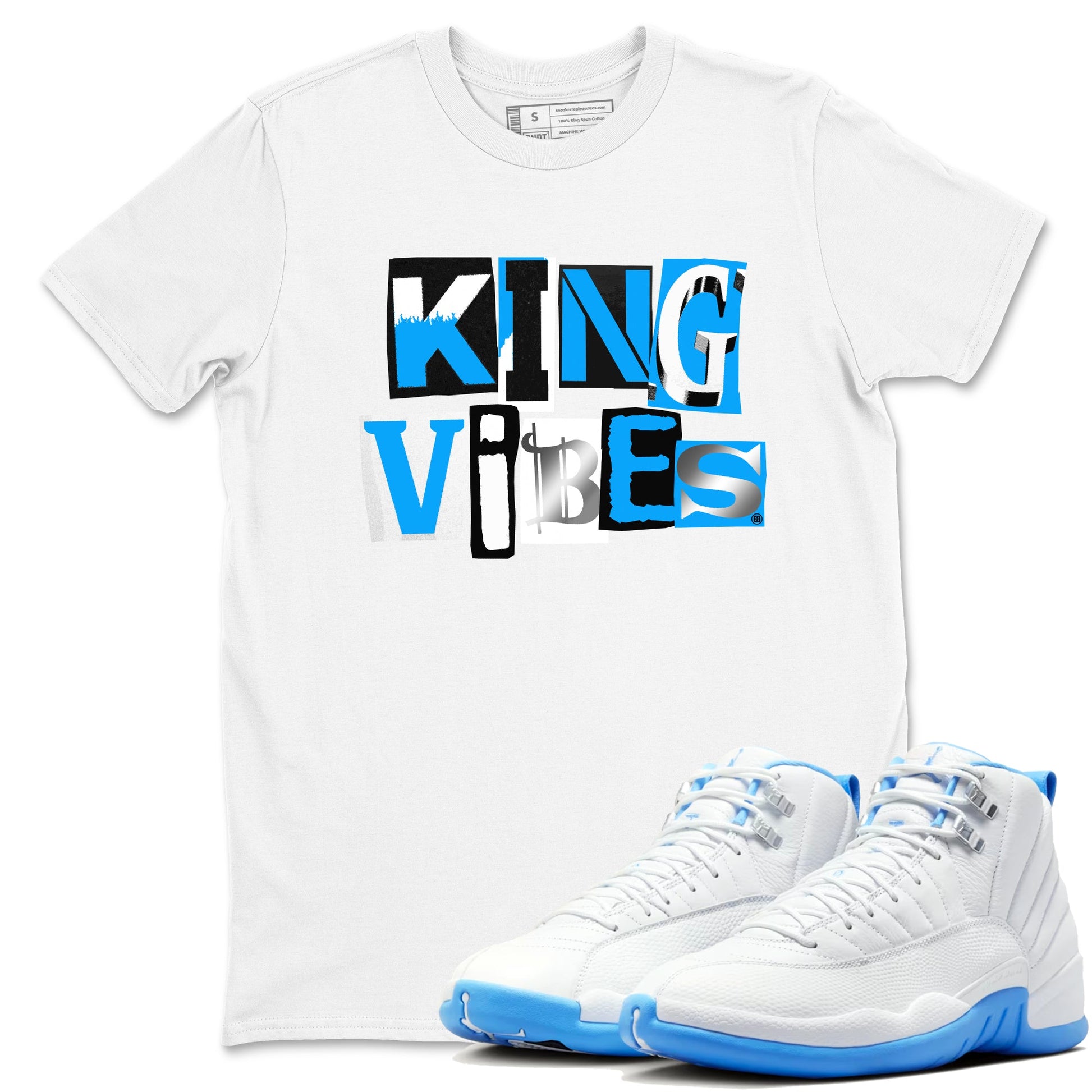 King Vibes sneaker match t-shirt styled to complete your fit with the Air Jordan 12 White and University Blue sneakers, shown in White 1.