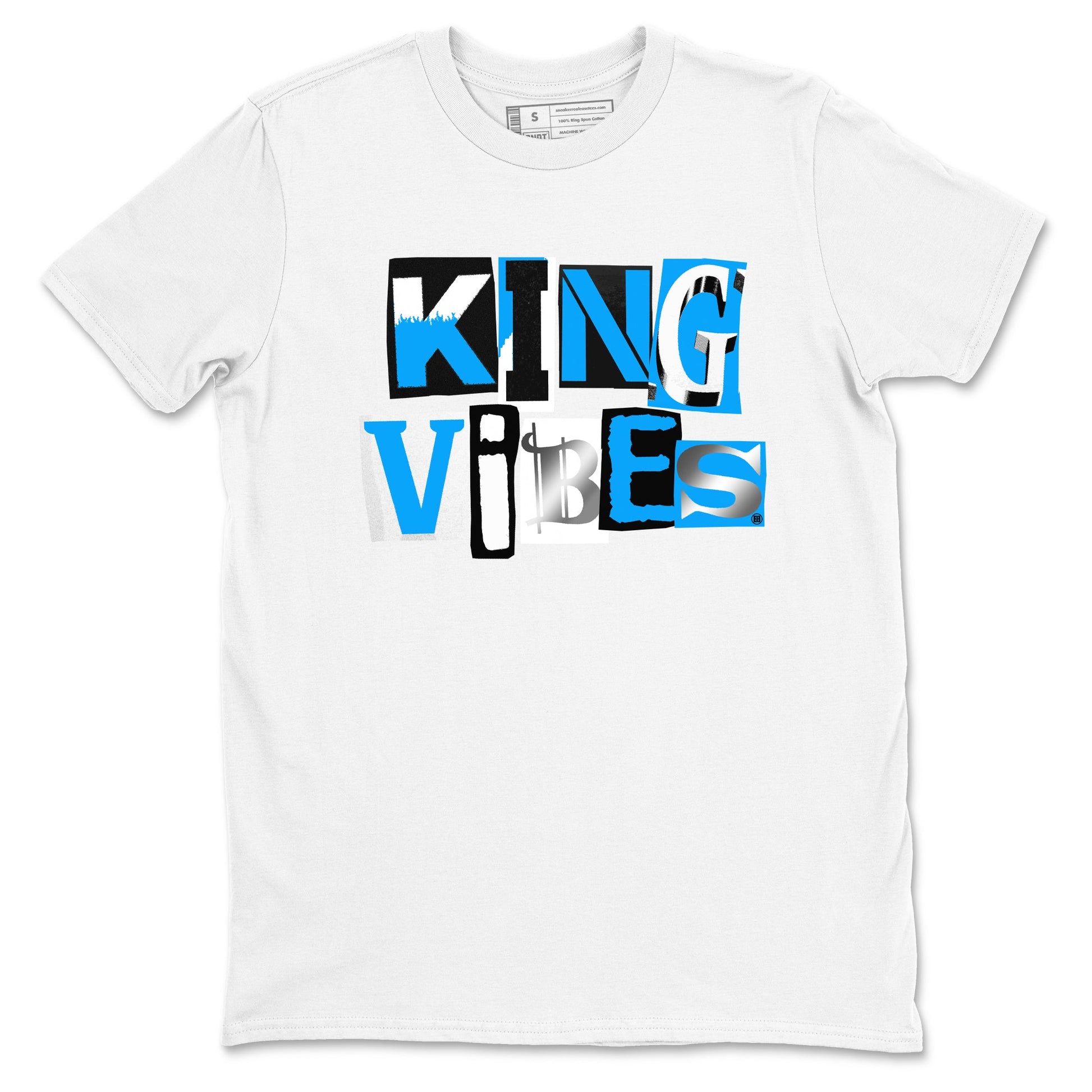 King Vibes sneaker match t-shirt styled to complete your fit with the Air Jordan 12 White and University Blue sneakers, shown in White 2.