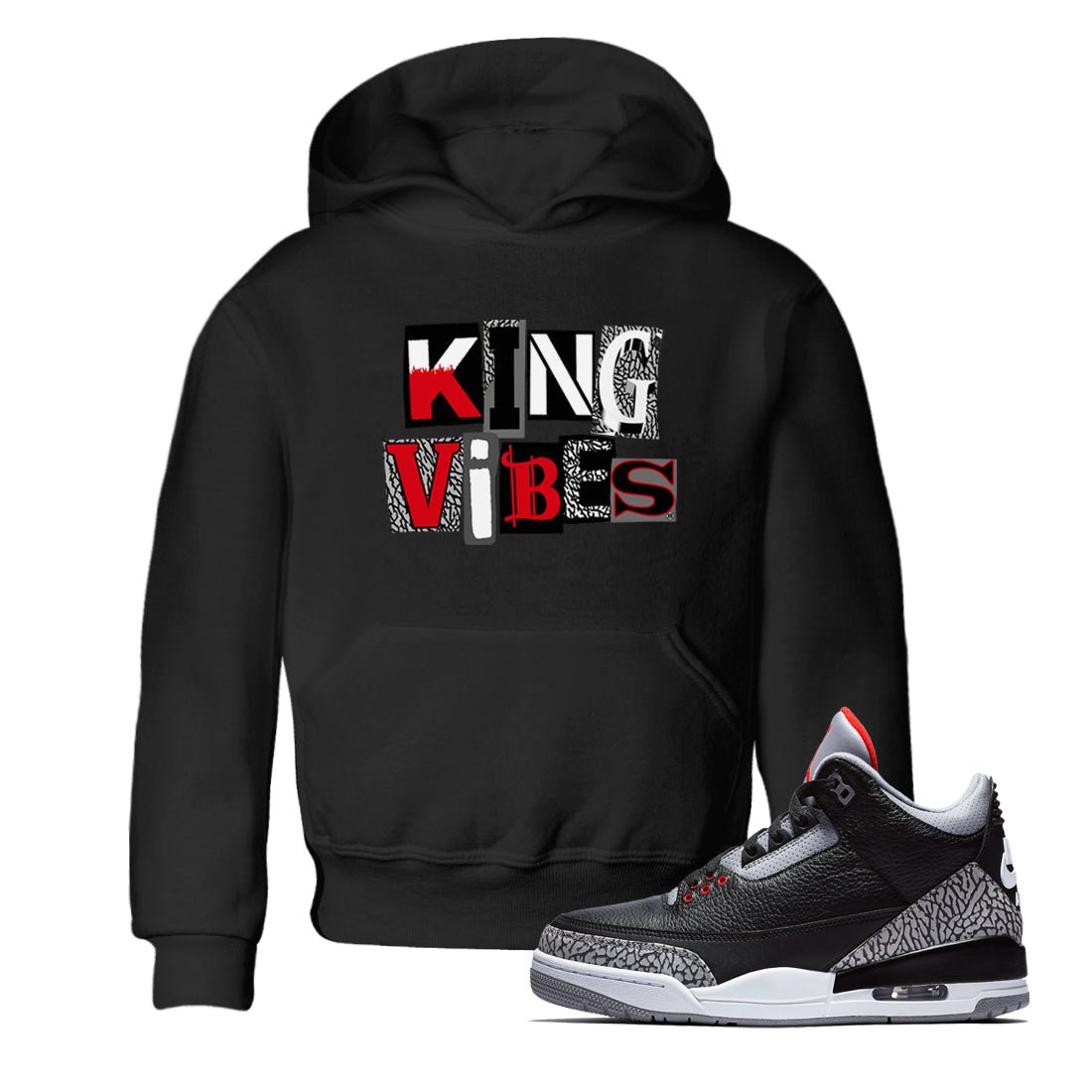 3s Black Cement shirts to match jordans King Vibes sneaker match tees Jordan 3 Retro Black Cement SNRT Sneaker Release Tees Youth Baby Black 1 crew neck shirts