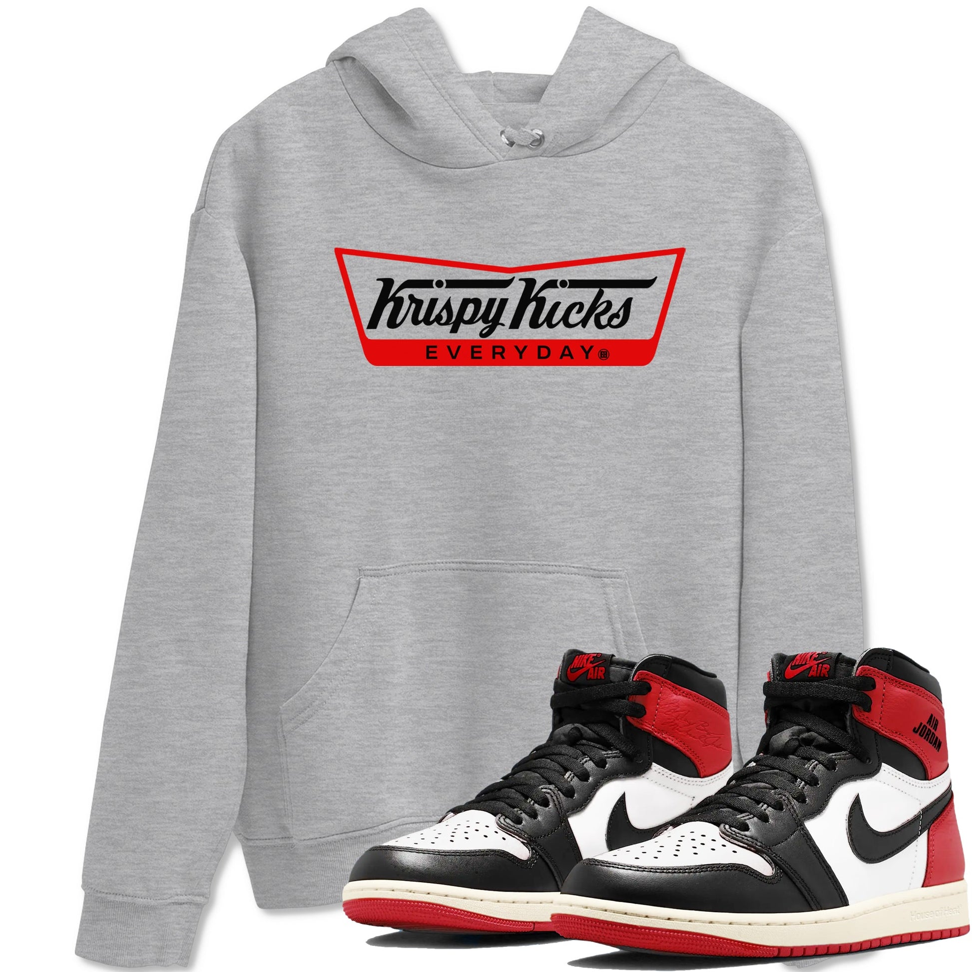 1s Black Toe Reimagined shirts to match jordans Krispy Kicks sneaker match tees Air Jordan 1 Black Toe Reimagined SNRT Sneaker Tees streetwear brand Heather Grey 1 unisex cotton tee