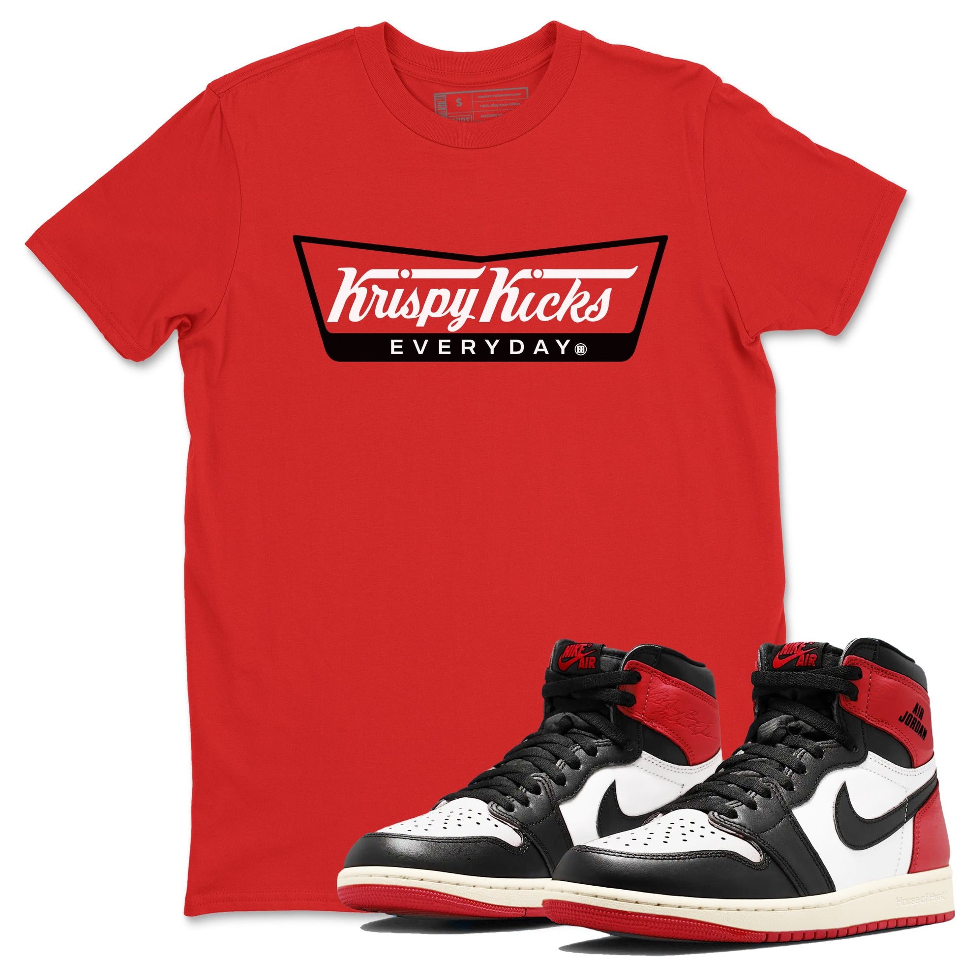 1s Black Toe Reimagined shirts to match jordans Krispy Kicks sneaker match tees Air Jordan 1 Black Toe Reimagined SNRT Sneaker Tees streetwear brand Red 1 unisex cotton tee