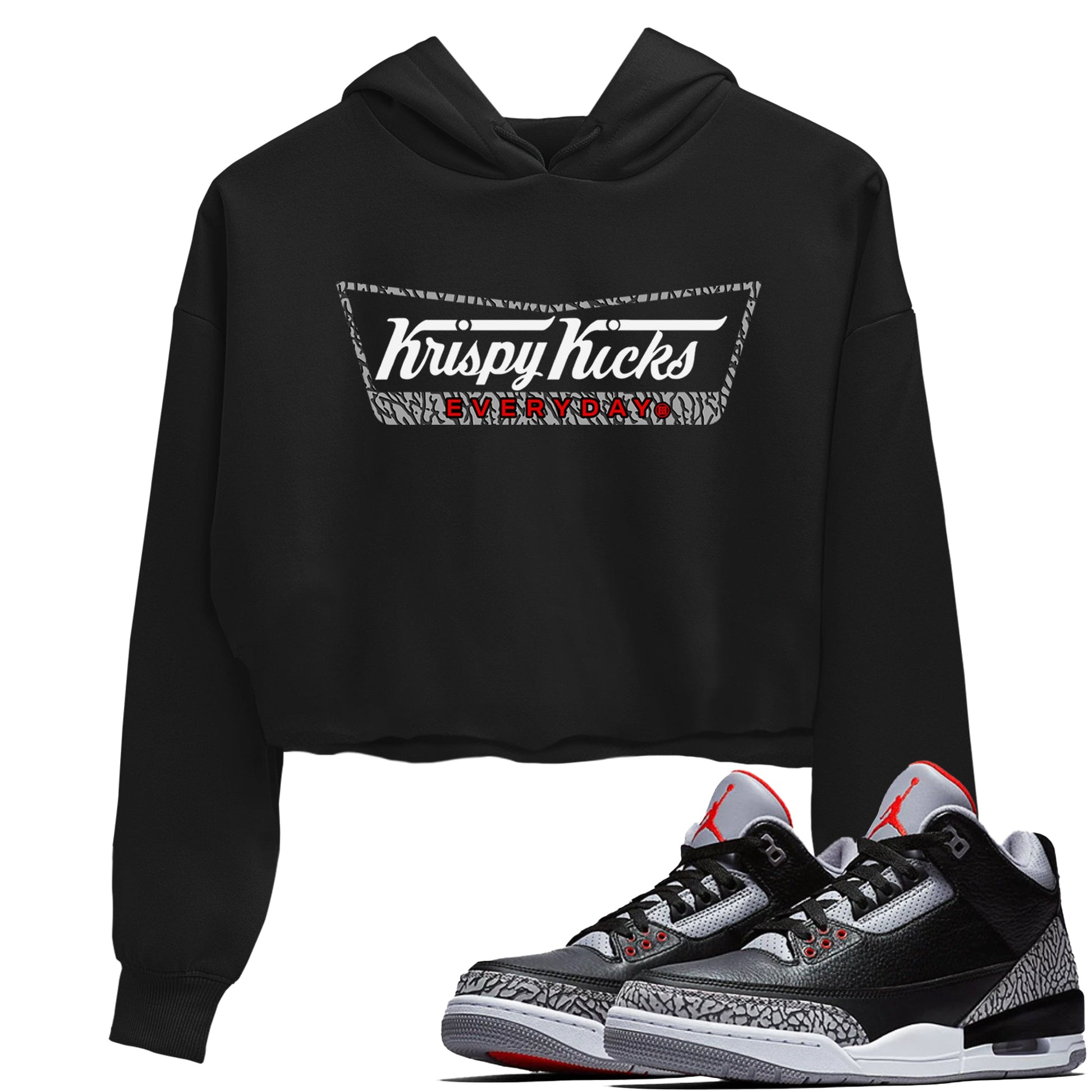 3s Black Cement shirts to match jordans Krispy Kicks sneaker match tees Air Jordan 3 Black Cement match shoes to clothes SNRT Sneaker Tees unisex cotton Black 1 crop tee
