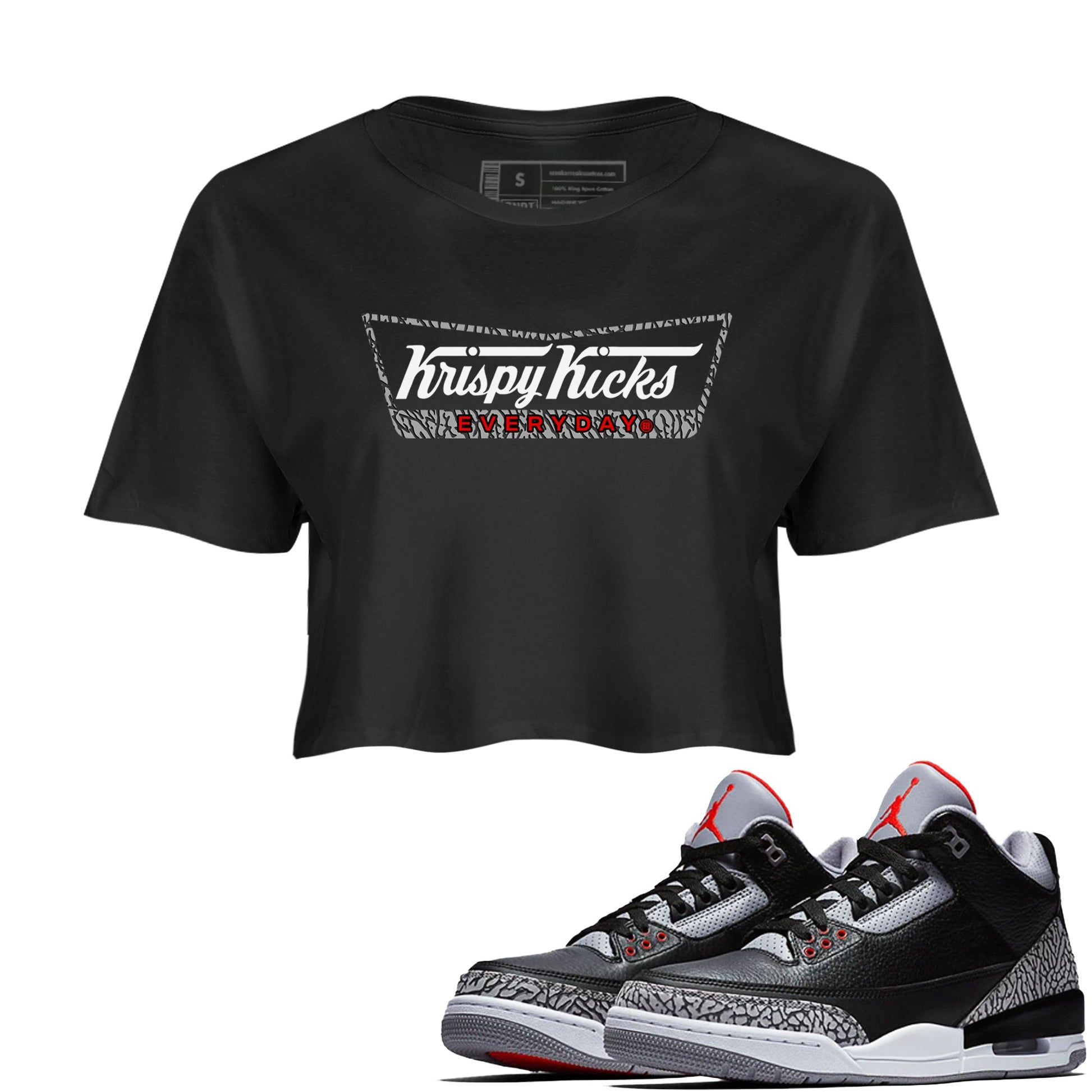 3s Black Cement shirts to match jordans Krispy Kicks sneaker match tees Air Jordan 3 Black Cement match shoes to clothes SNRT Sneaker Tees unisex cotton Black 1 crop tee