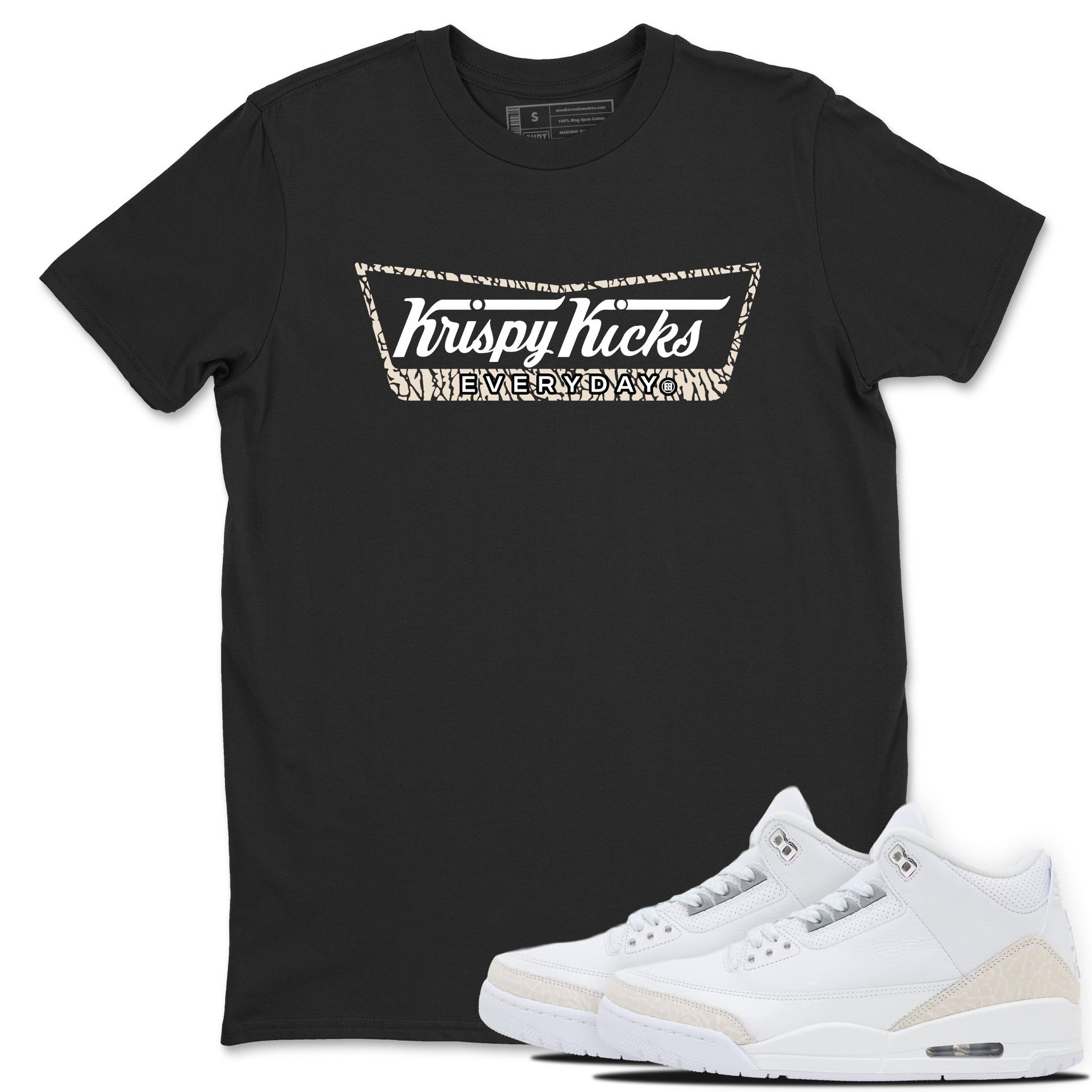 Krispy Kicks sneaker match t-shirt styled to complete your fit with the Air Jordan 3 Pure Money sneakers, shown in Black 1.