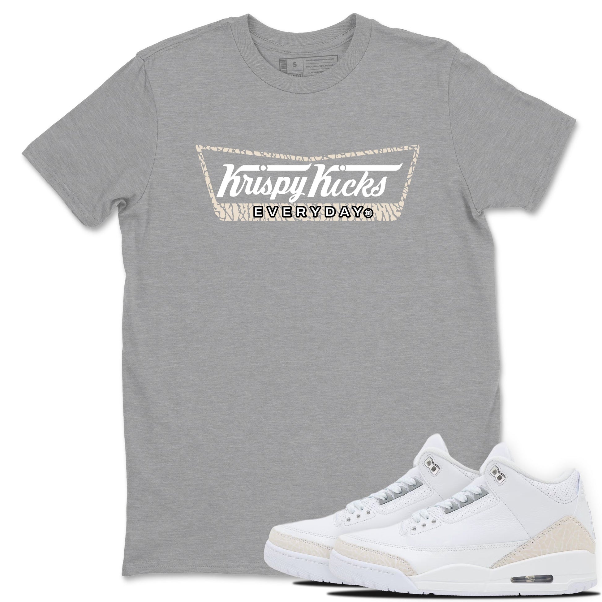 Krispy Kicks sneaker match t-shirt styled to complete your fit with the Air Jordan 3 Pure Money sneakers, shown in Heather Grey 1.