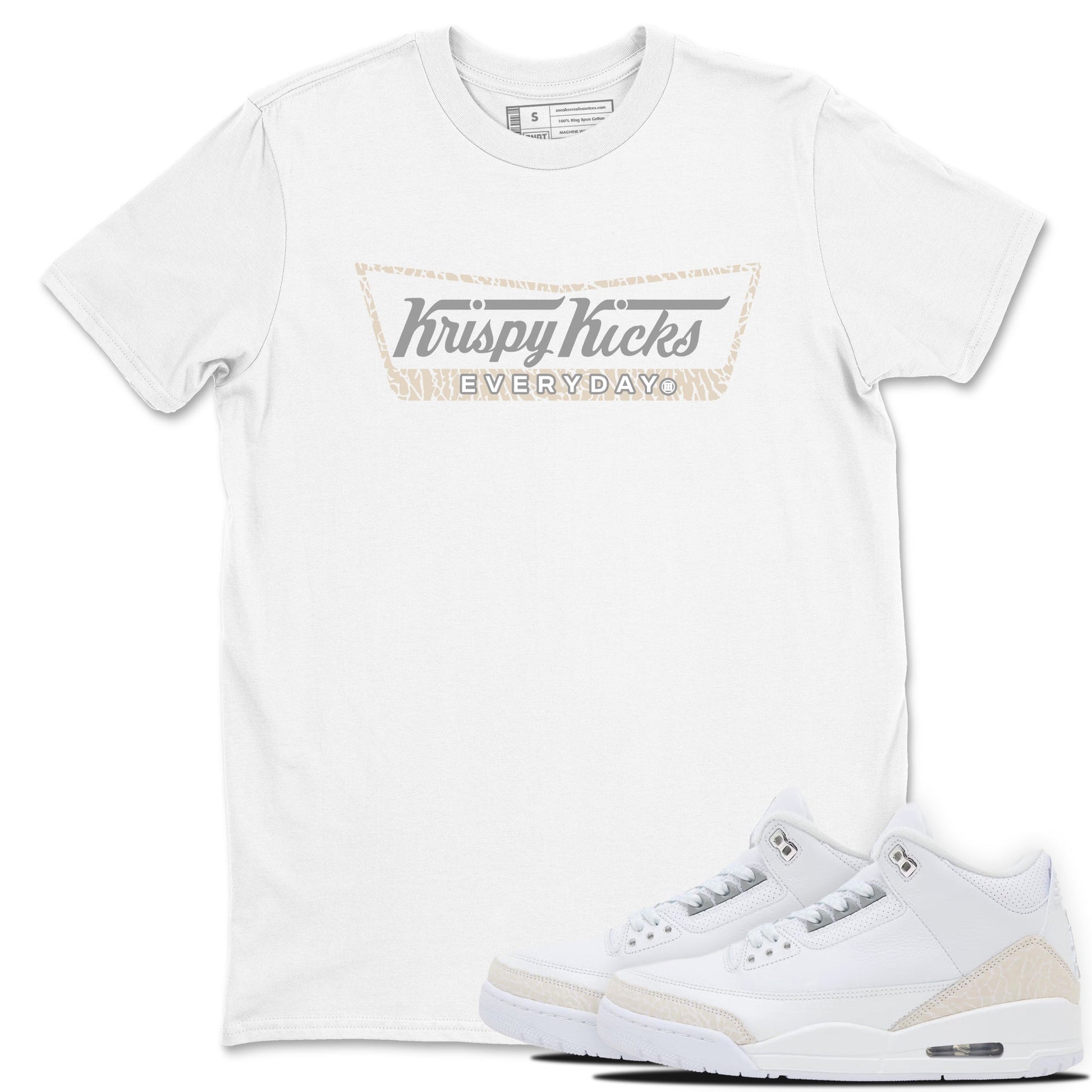 Krispy Kicks sneaker match t-shirt styled to complete your fit with the Air Jordan 3 Pure Money sneakers, shown in White 1.
