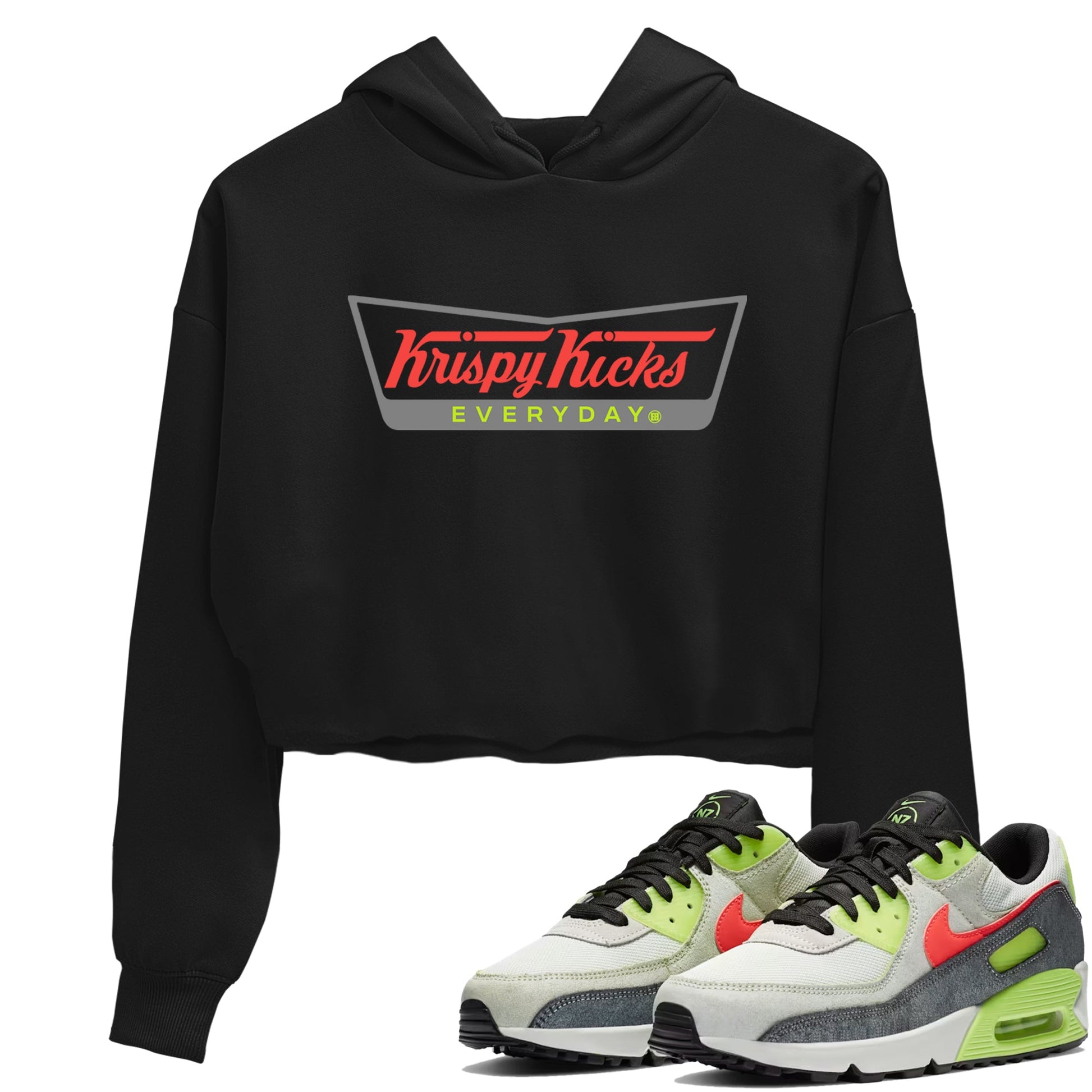 Sneaker Threads – Sneaker Tees To Match Air Max 90 Spruce Aura and Ghost Green – Krispy Kicks Crop Tee Black 1. Perfect for Jordan releases 2025 colorways.