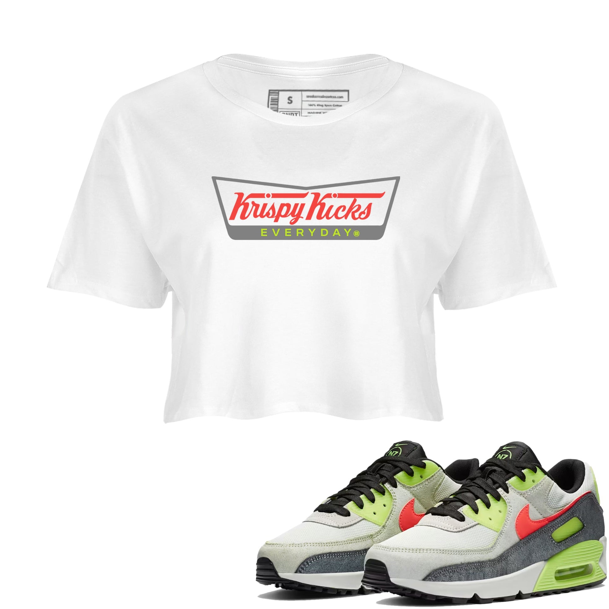 Sneaker Threads – Sneaker Tees To Match Air Max 90 Spruce Aura and Ghost Green – Krispy Kicks Crop Tee White 1. Perfect for Jordan releases 2025 colorways.